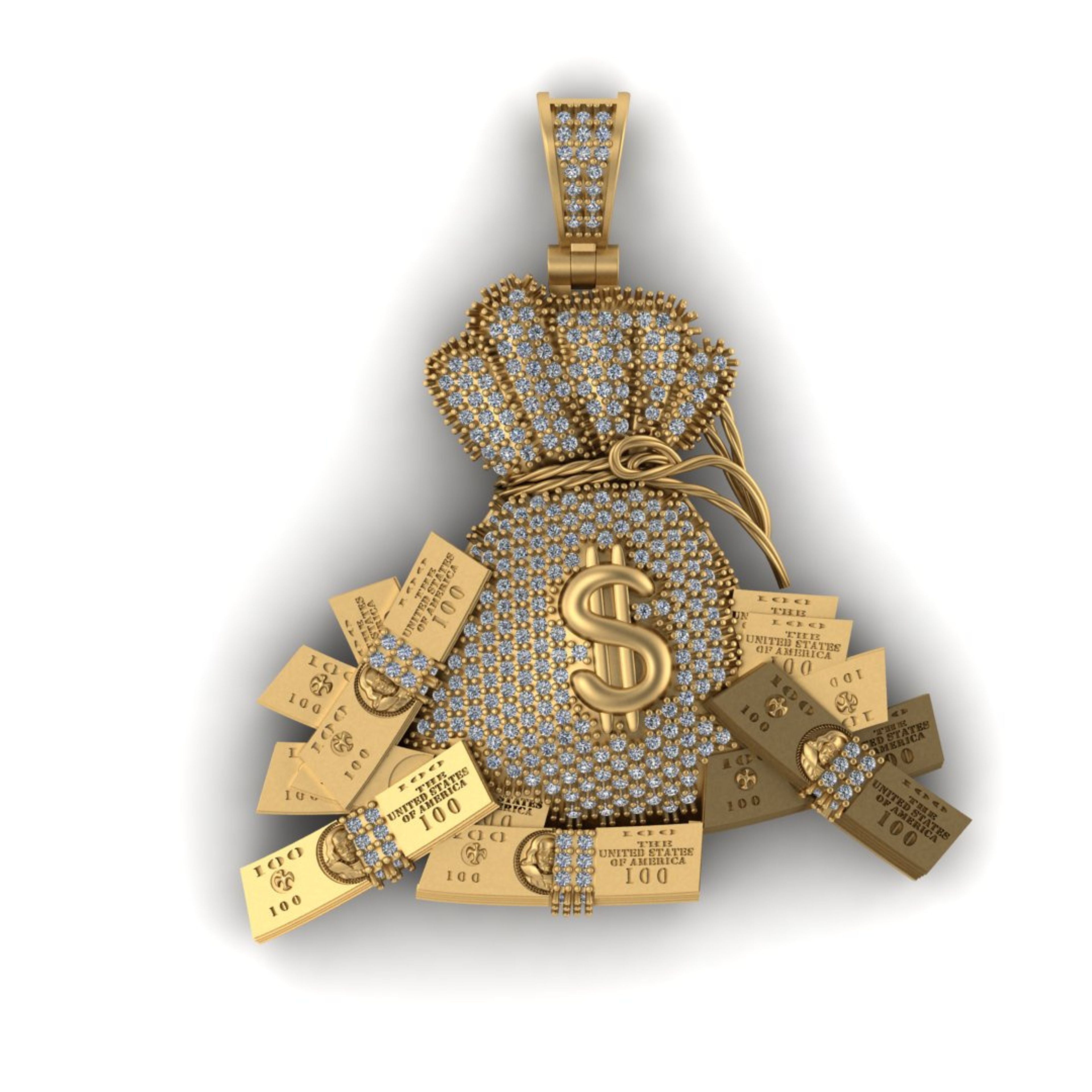 Money Bag Diamond Pendant 14k Solid Gold - 1.65 CTW