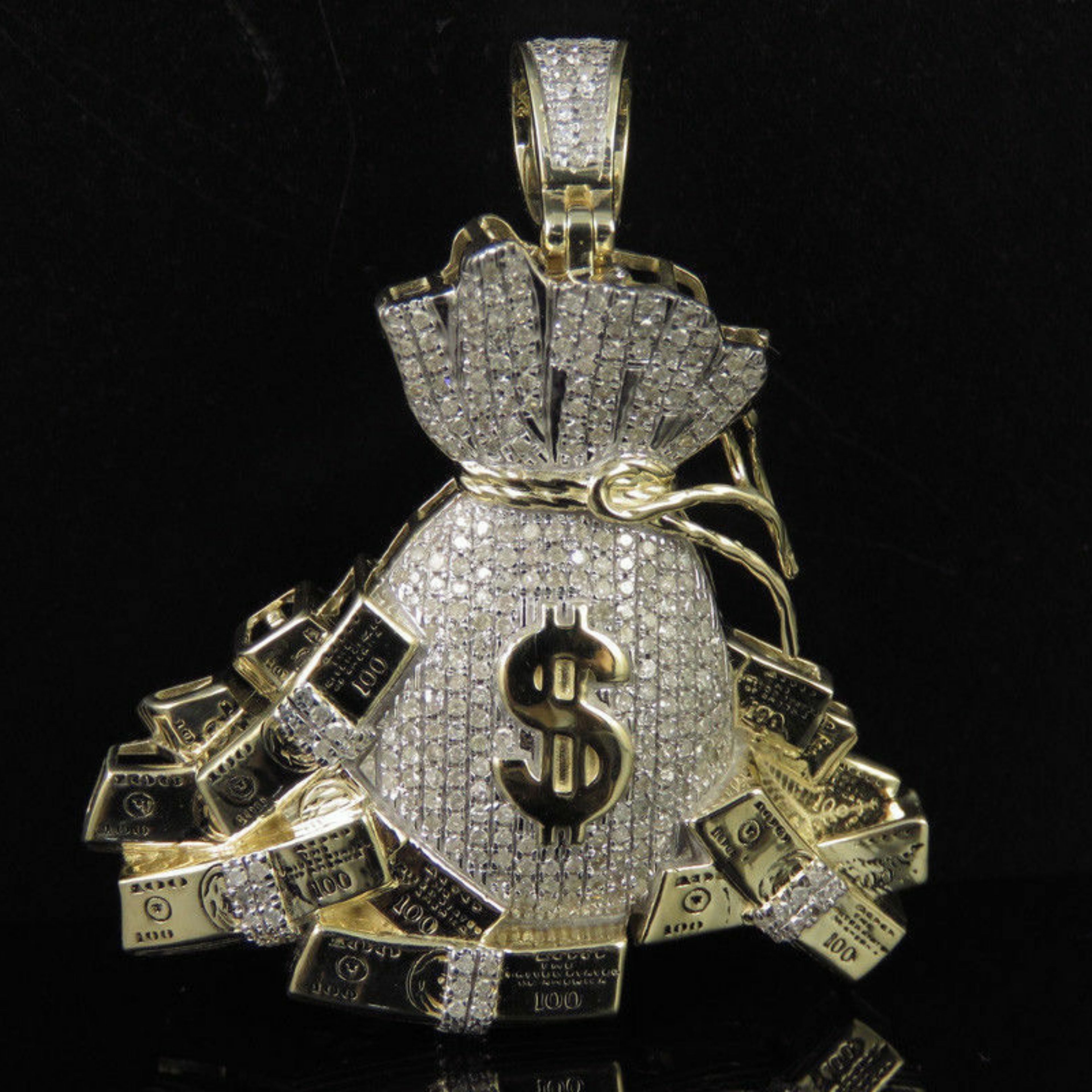 Money Bag Diamond Pendant 14k Solid Gold - 1.65 CTW
