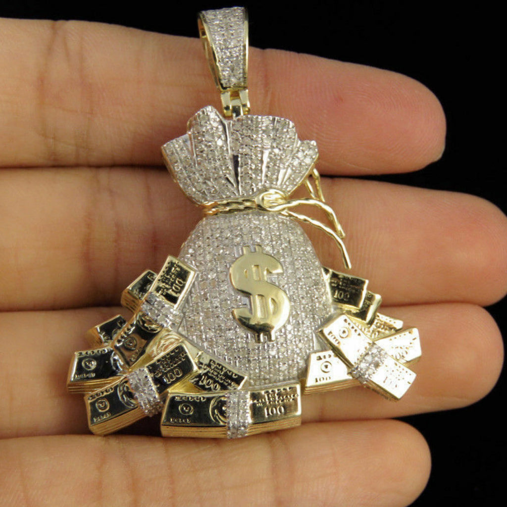 Money Bag Diamond Pendant 14k Solid Gold - 1.65 CTW