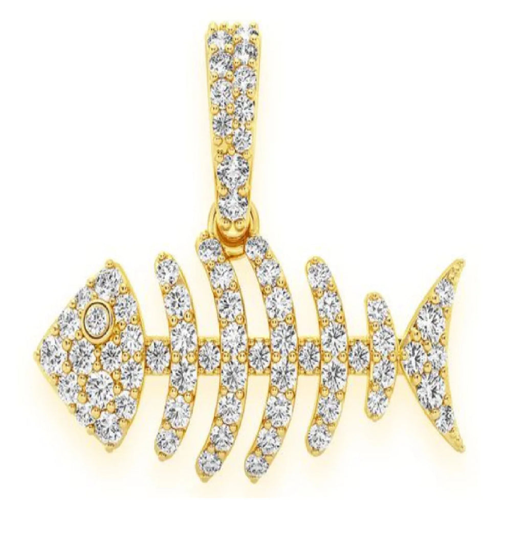 Bare Bone Fish Diamond Pendant 14K Solid Gold - 0.70 CTW