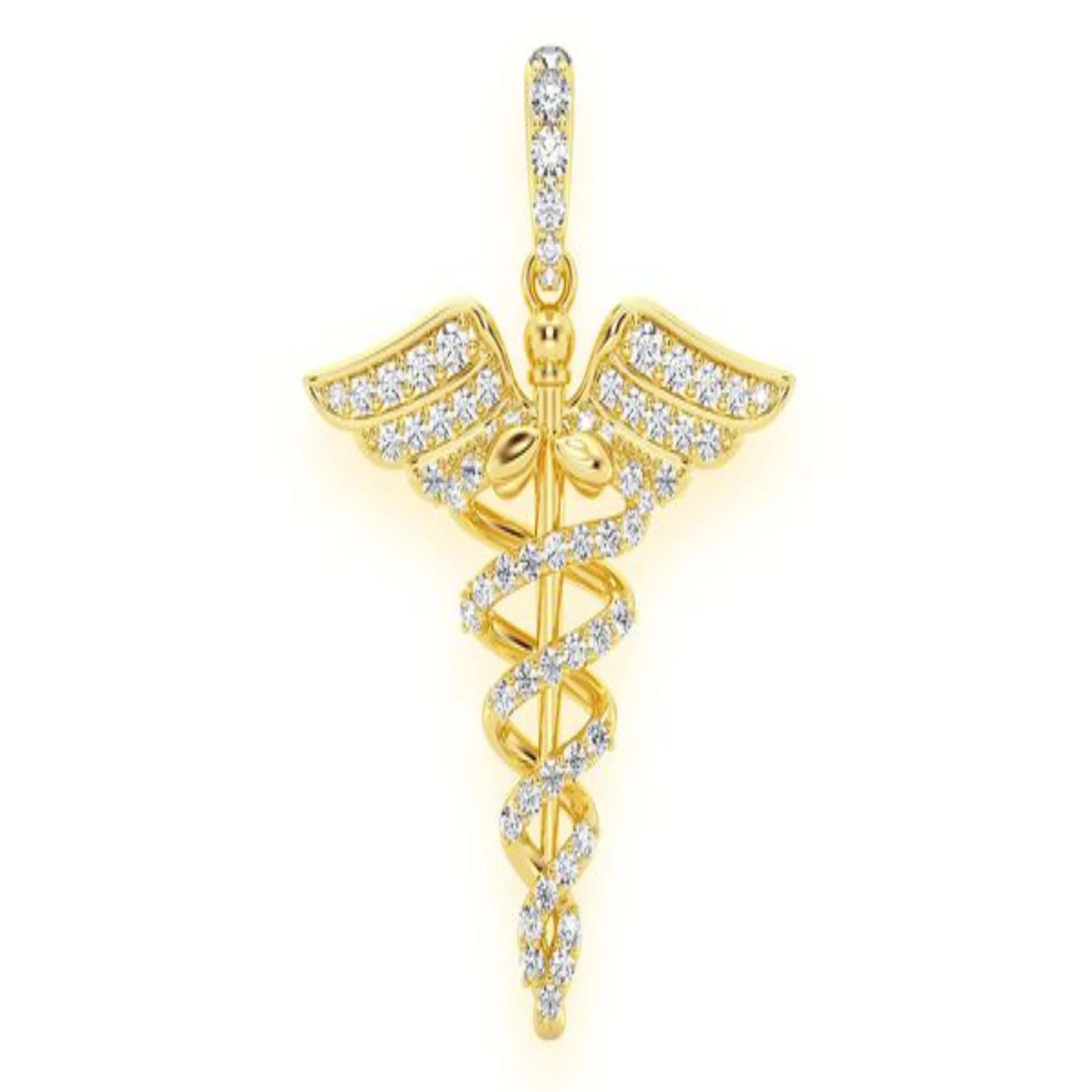 Caduceus Medical Diamond Pendant 14K Solid Gold - 0.65 CTW