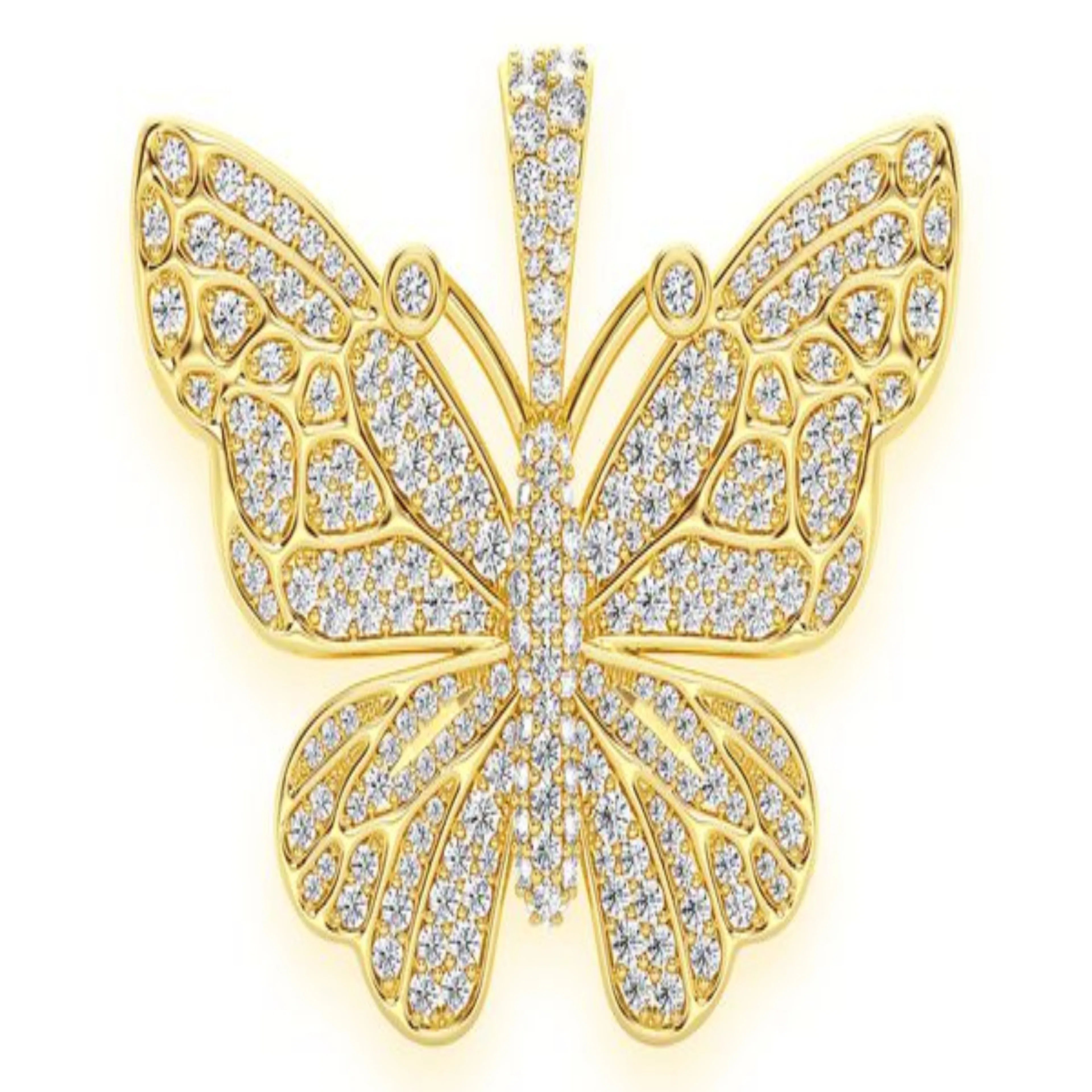 Butterfly Diamond Pendant 14K Solid Gold - 2.00 CTW