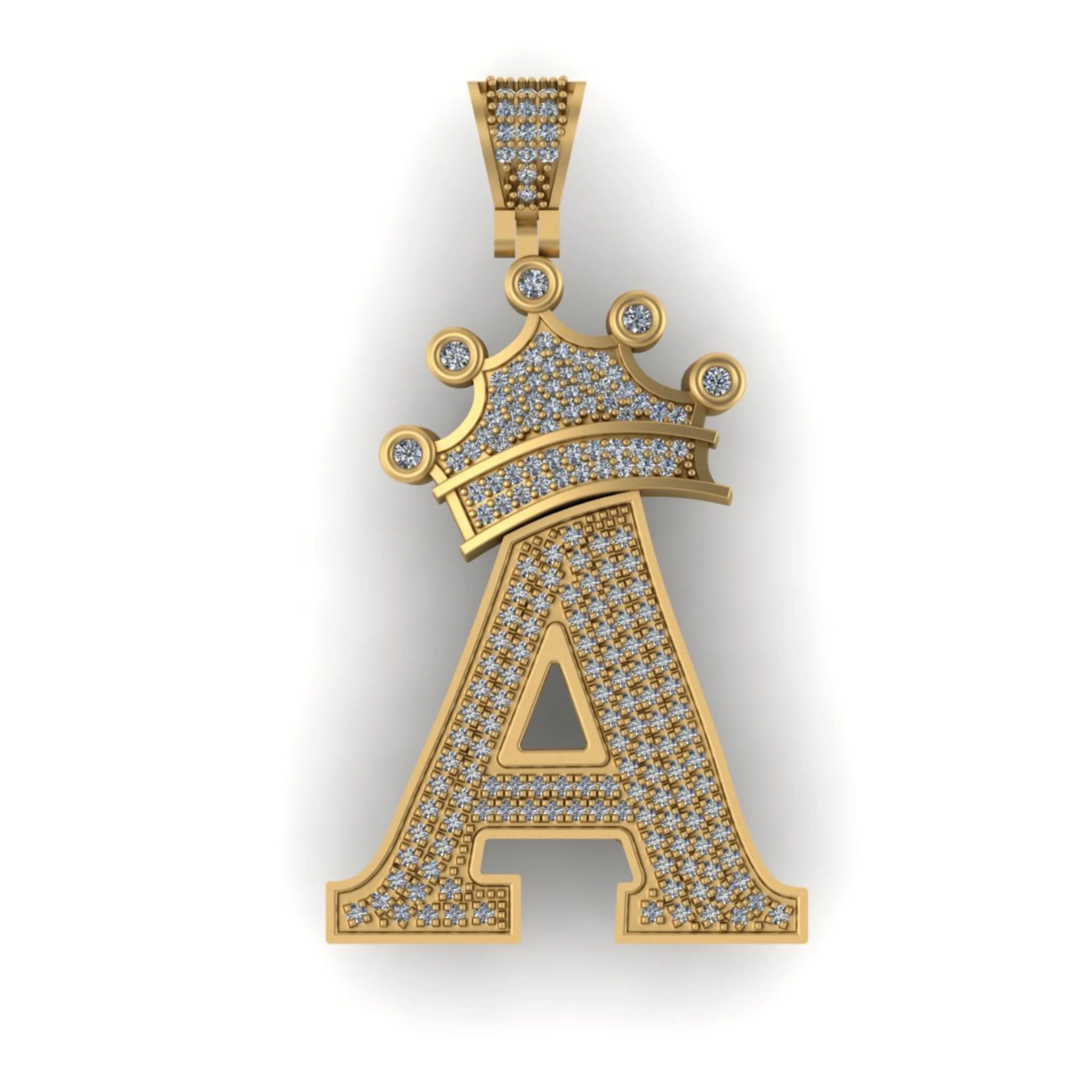 Custom Letter Crown Diamond Pendant 14K Solid Gold - 1.10 CTW
