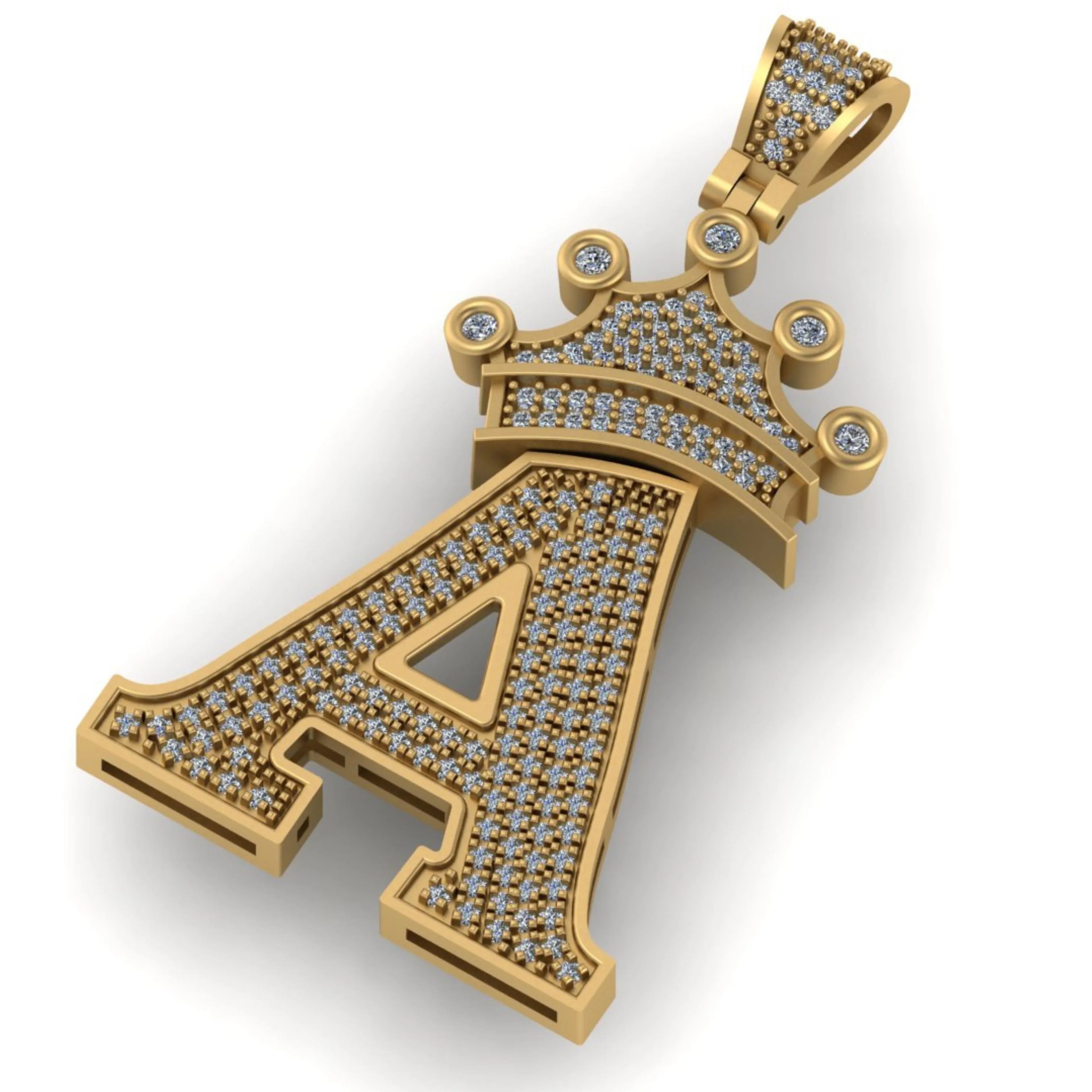 Custom Letter Crown Diamond Pendant 14K Solid Gold - 1.10 CTW
