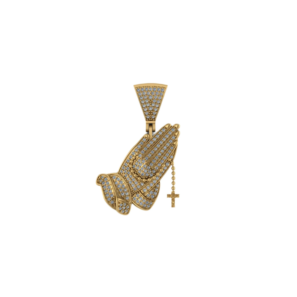 14k Gold Praying Hands Pendant Men's Diamond Cross Charm - 0.90 CTW
