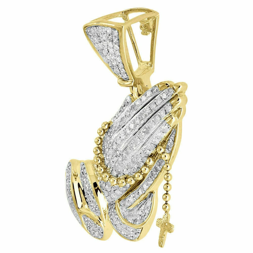 14k Gold Praying Hands Pendant Men's Diamond Cross Charm - 0.90 CTW