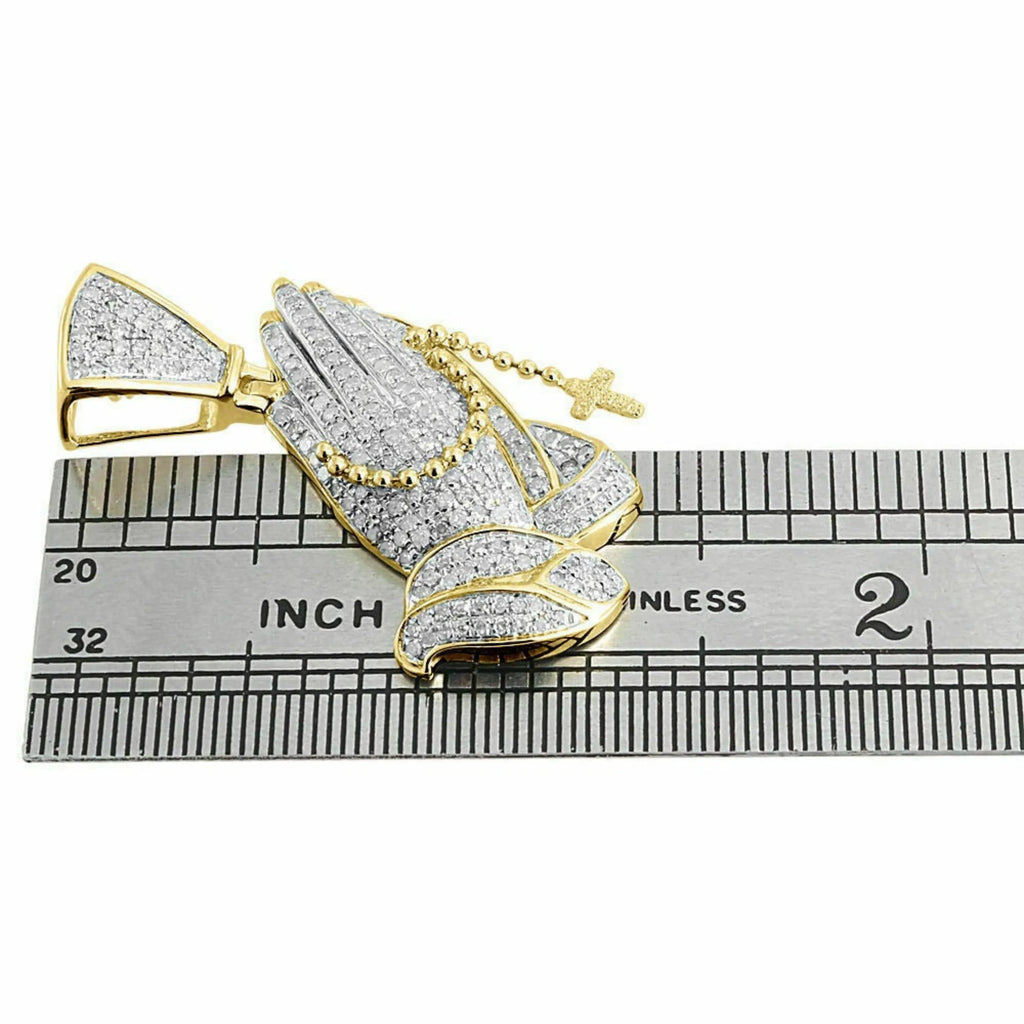 14k Gold Praying Hands Pendant Men's Diamond Cross Charm - 0.90 CTW