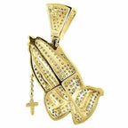 14k Gold Praying Hands Pendant Men's Diamond Cross Charm - 0.90 CTW
