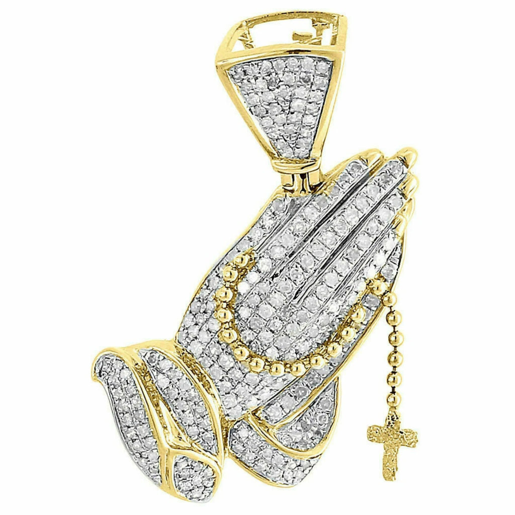 14k Gold Praying Hands Pendant Men's Diamond Cross Charm - 0.90 CTW