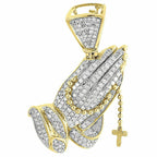 14k Gold Praying Hands Pendant Men's Diamond Cross Charm - 0.90 CTW