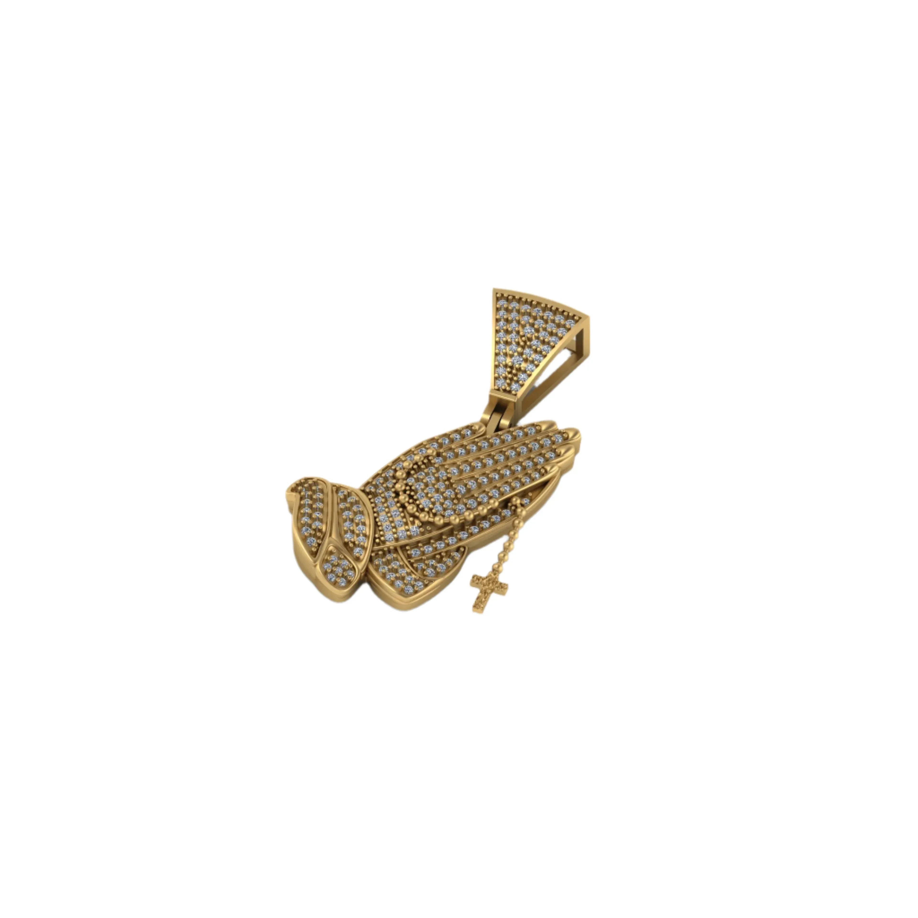 14k Gold Praying Hands Pendant Men's Diamond Cross Charm - 0.90 CTW