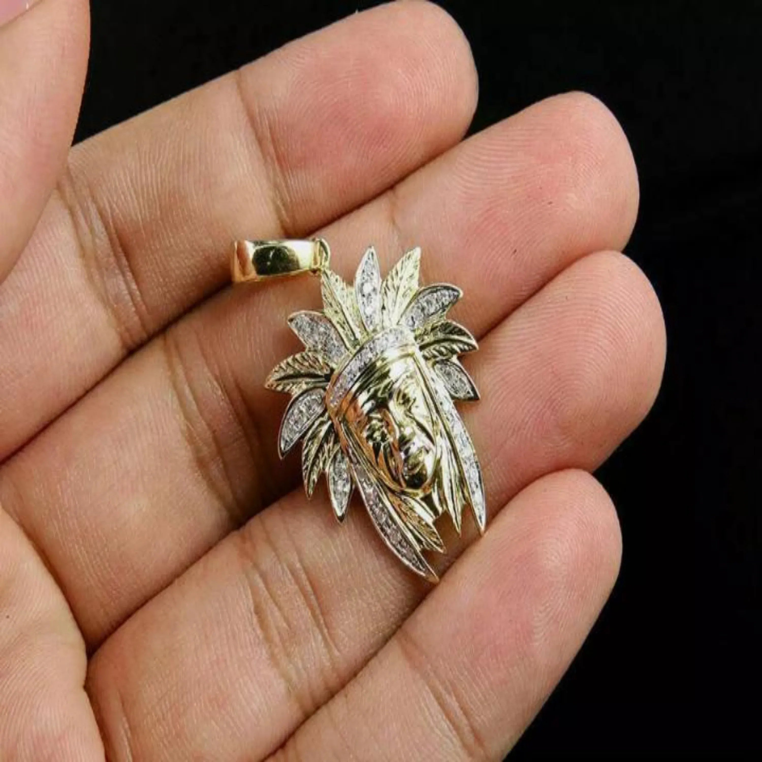 Indian Chief Diamond Pendant 14K Solid Gold - 1.23 CTW