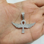 Large Sterling Silver Ankh Pendant Diamond Egyptian Symbol - 1CTW