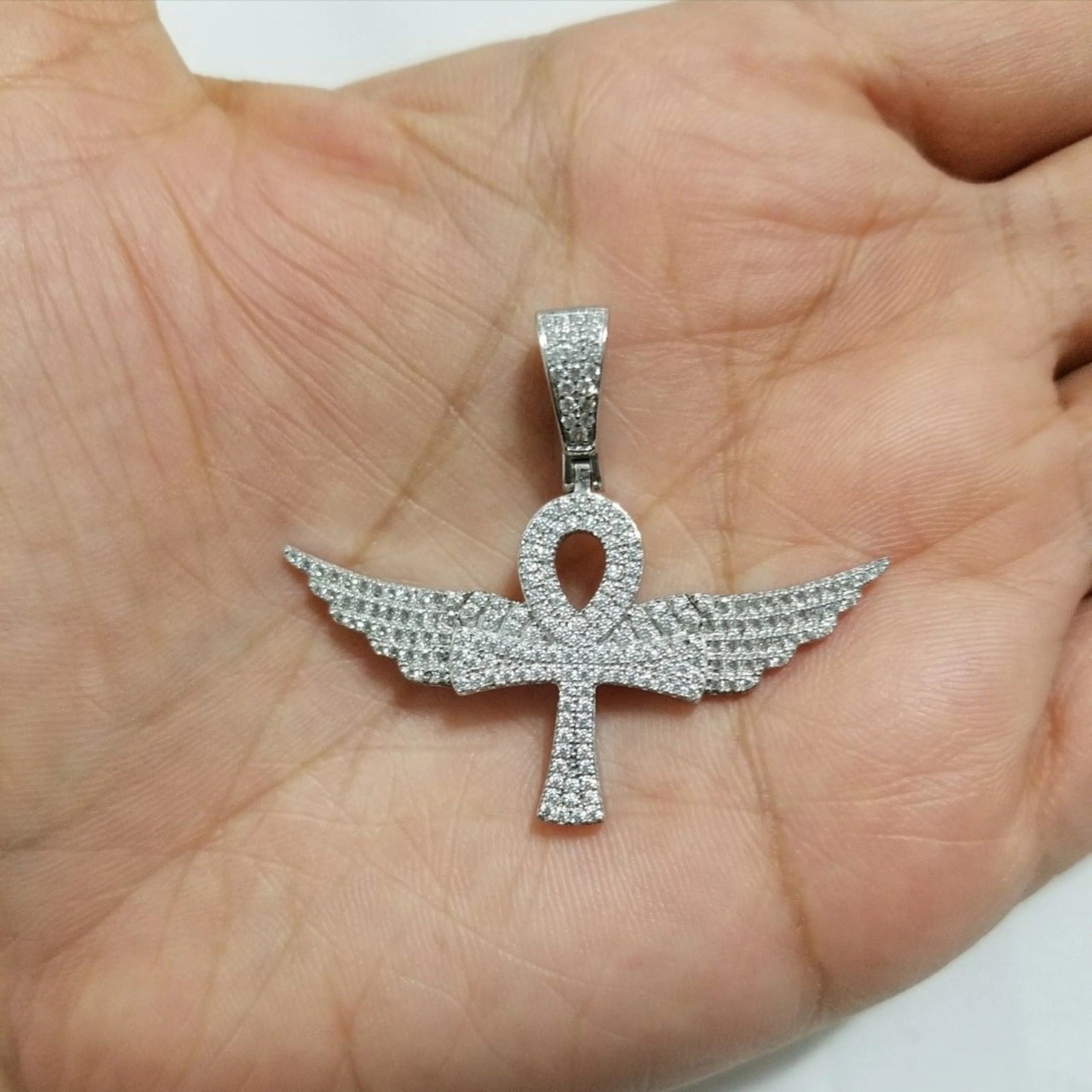 Large Sterling Silver Ankh Pendant Diamond Egyptian Symbol - 1CTW