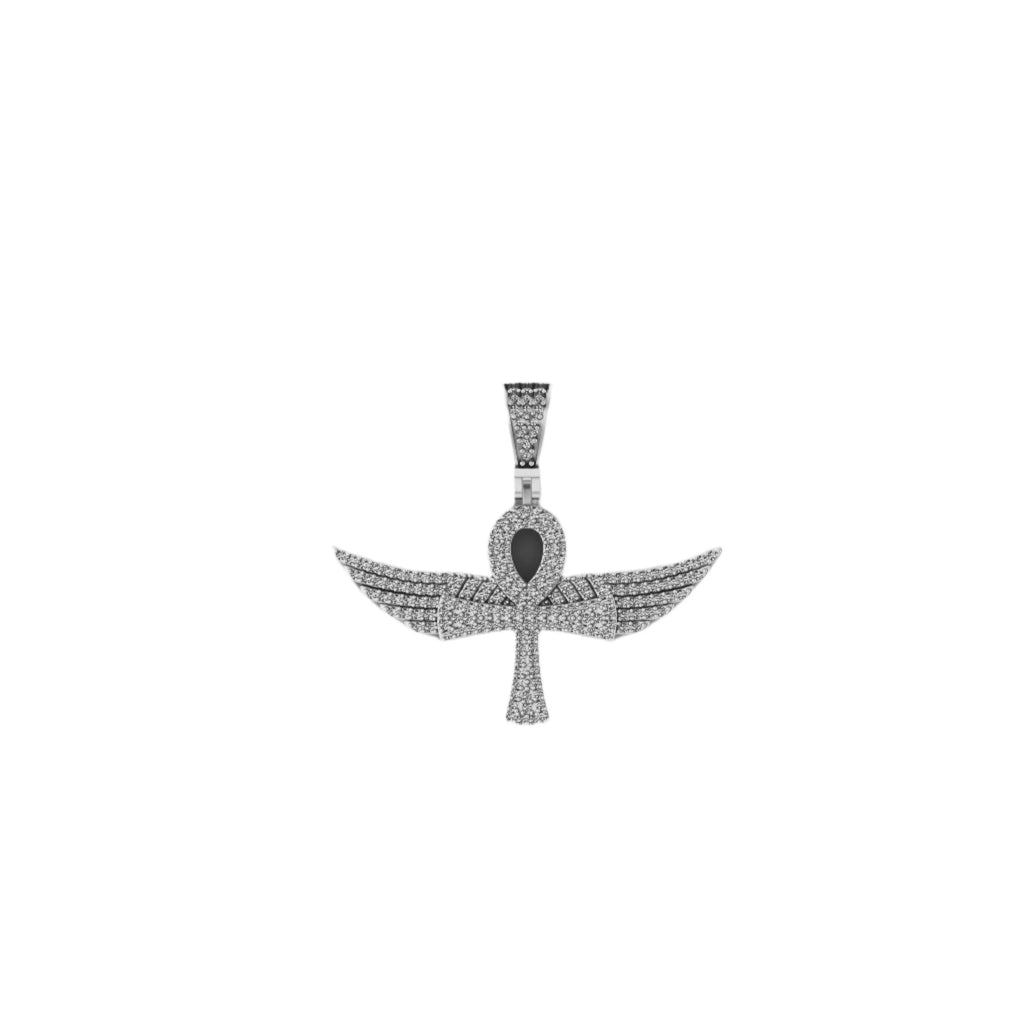 Large Sterling Silver Ankh Pendant Diamond Egyptian Symbol - 1CTW