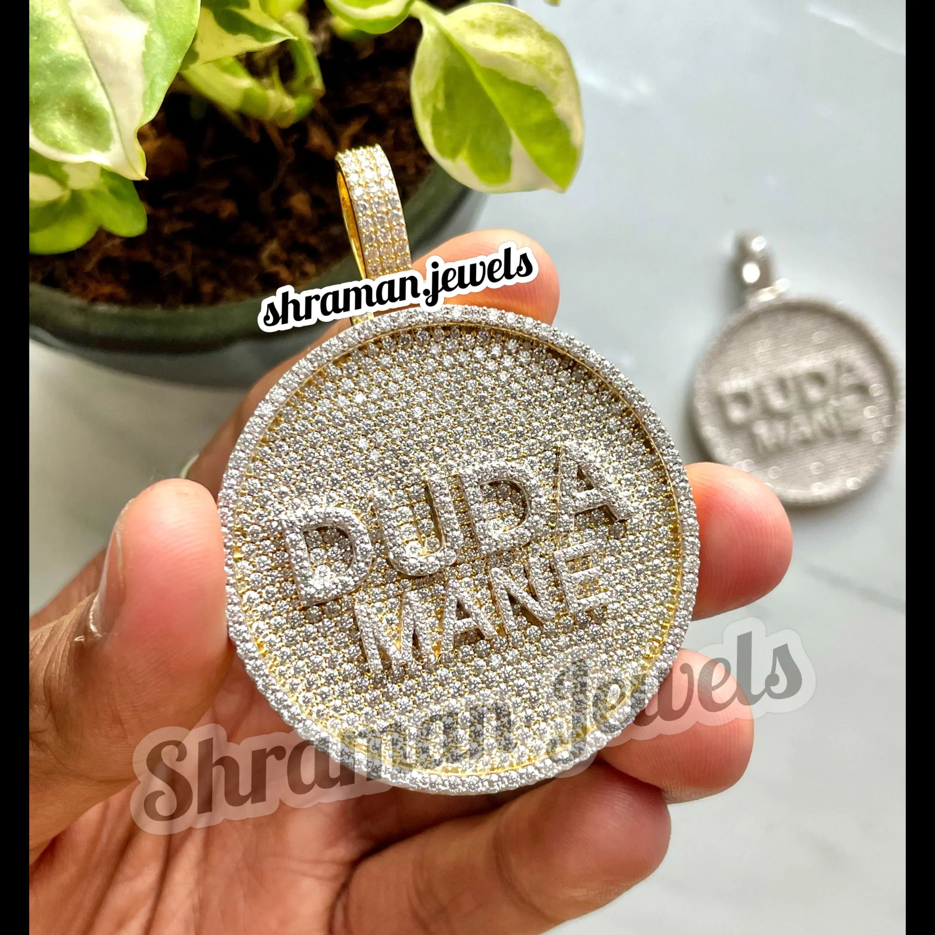 Round 14K Gold Custom Letter Pendant Moissanite Circle Hip Hop Design - 11.86 CTW
