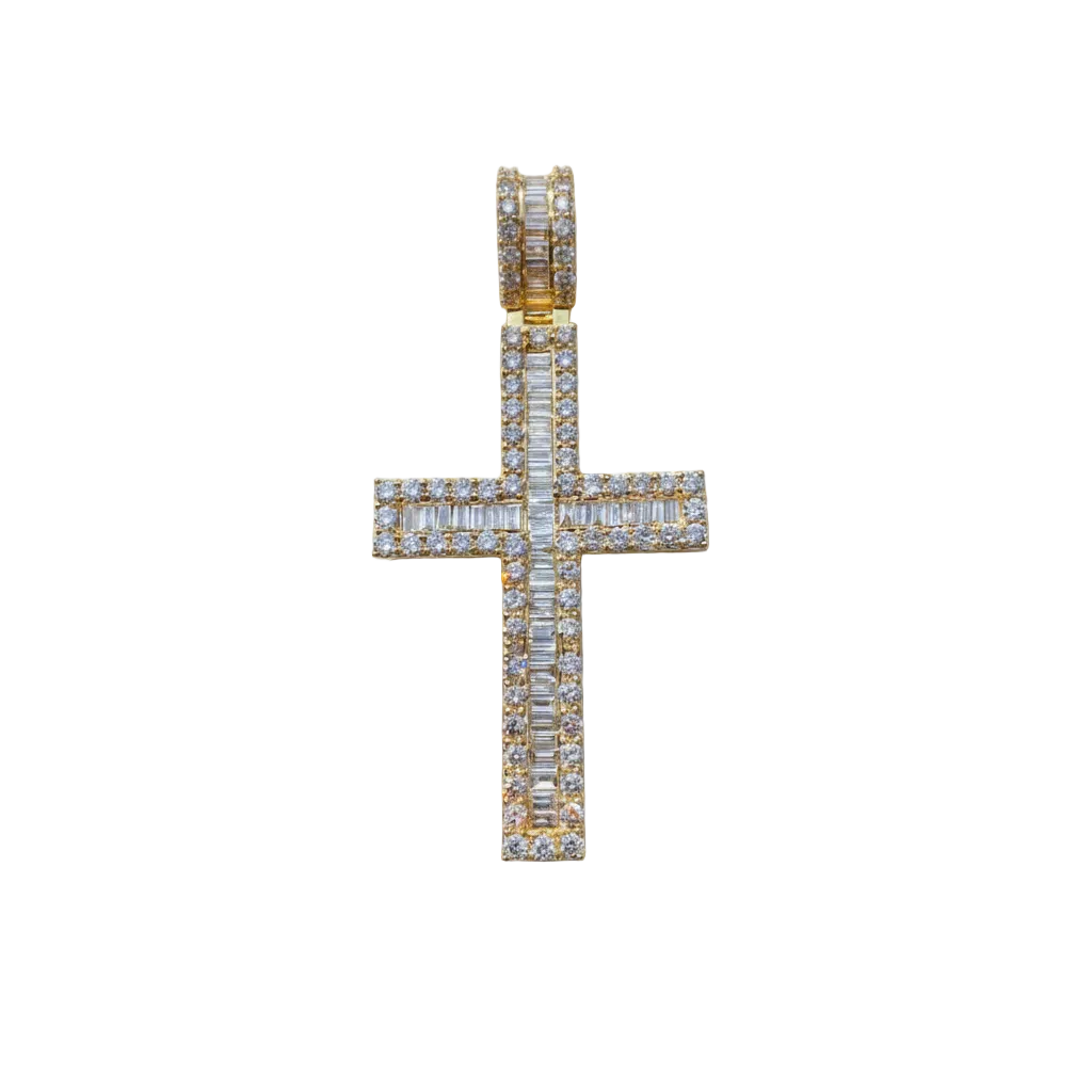 Icy Baguette Diamond Cross Pendant VVS 10K Gold Men's Jewelry -5.22 CTW