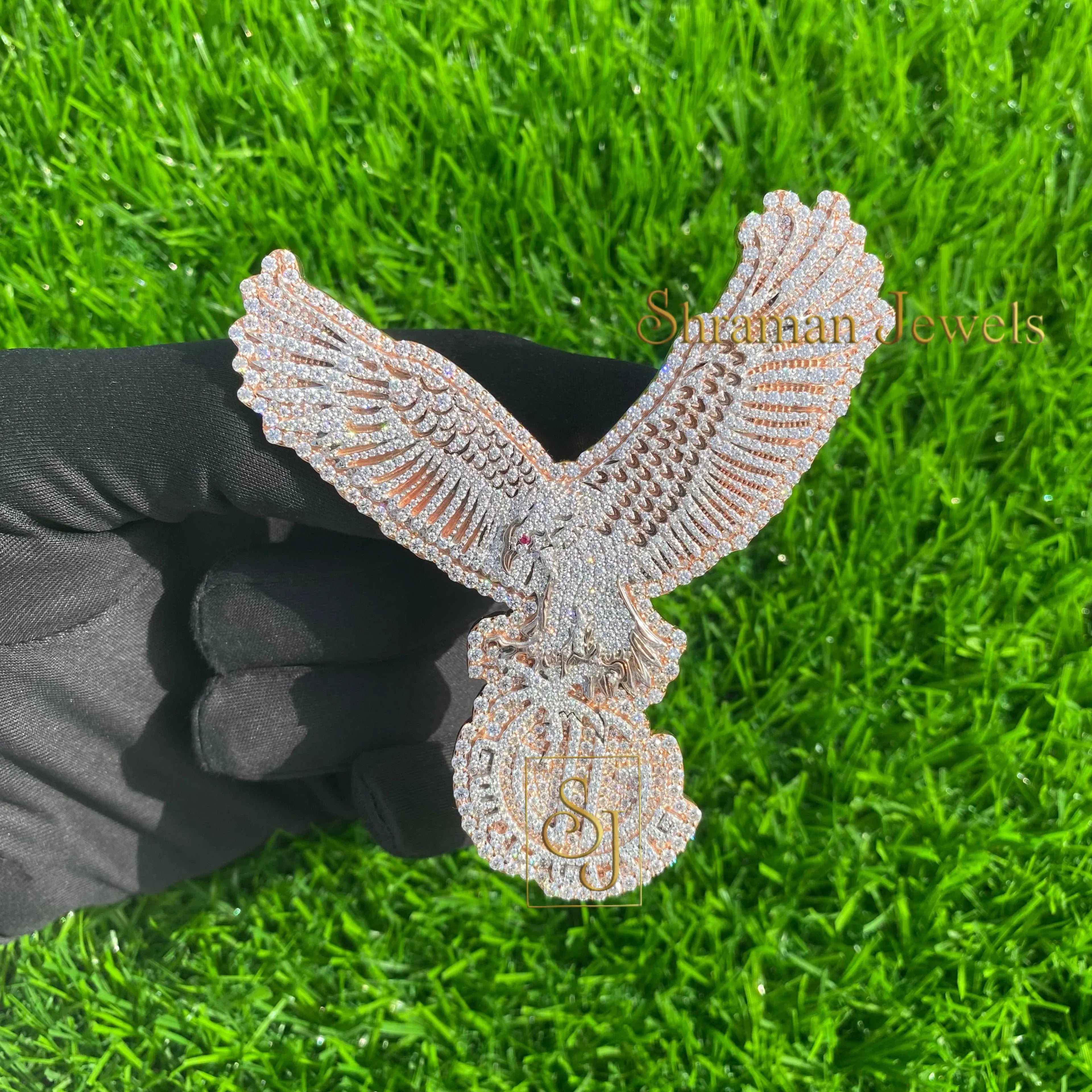 14K Gold Eagle Pendant Hip Hop Moissanite -12.01 CTW