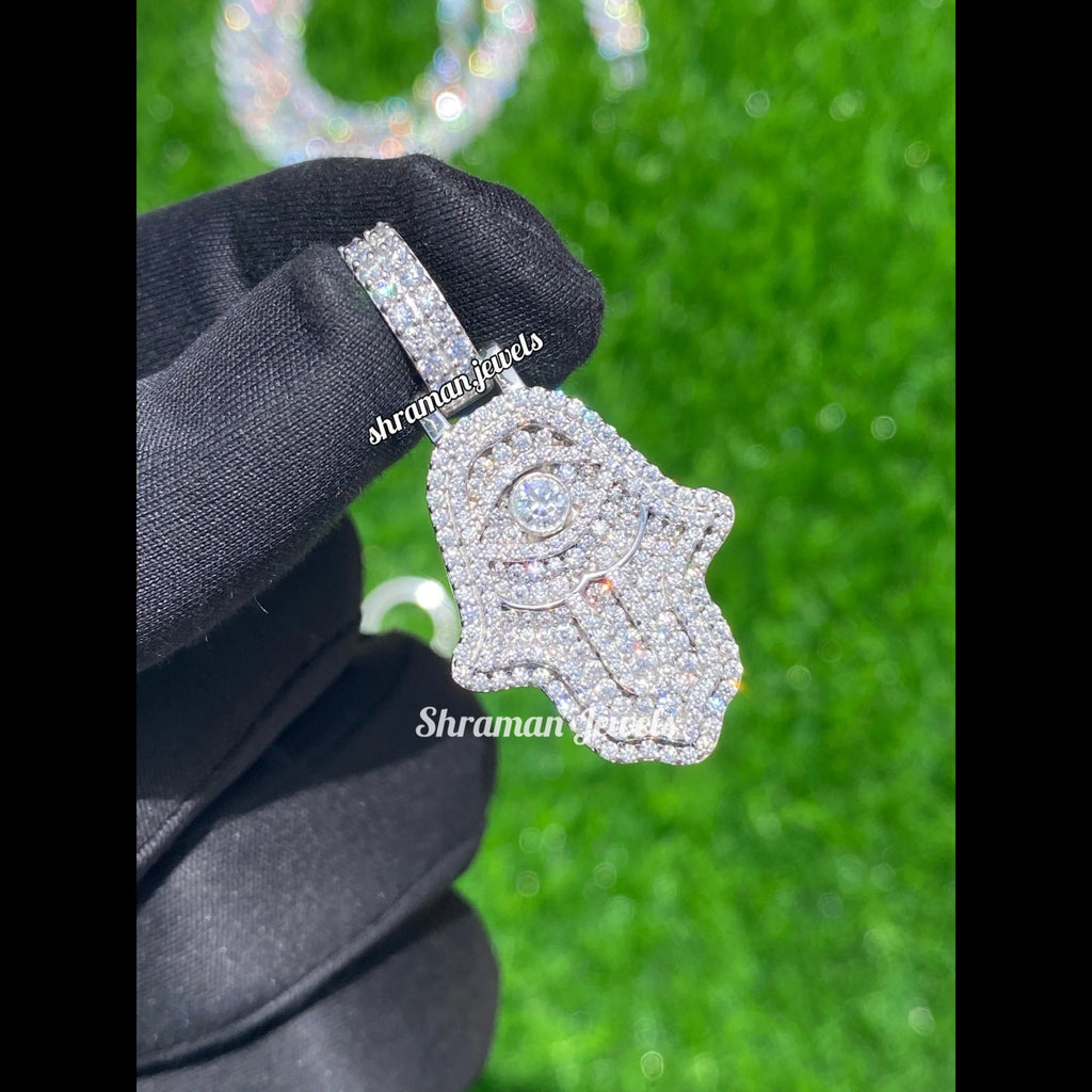 VVS Moissanite Hamsa Hand Pendant 14K solid Gold - 3.07 CTW