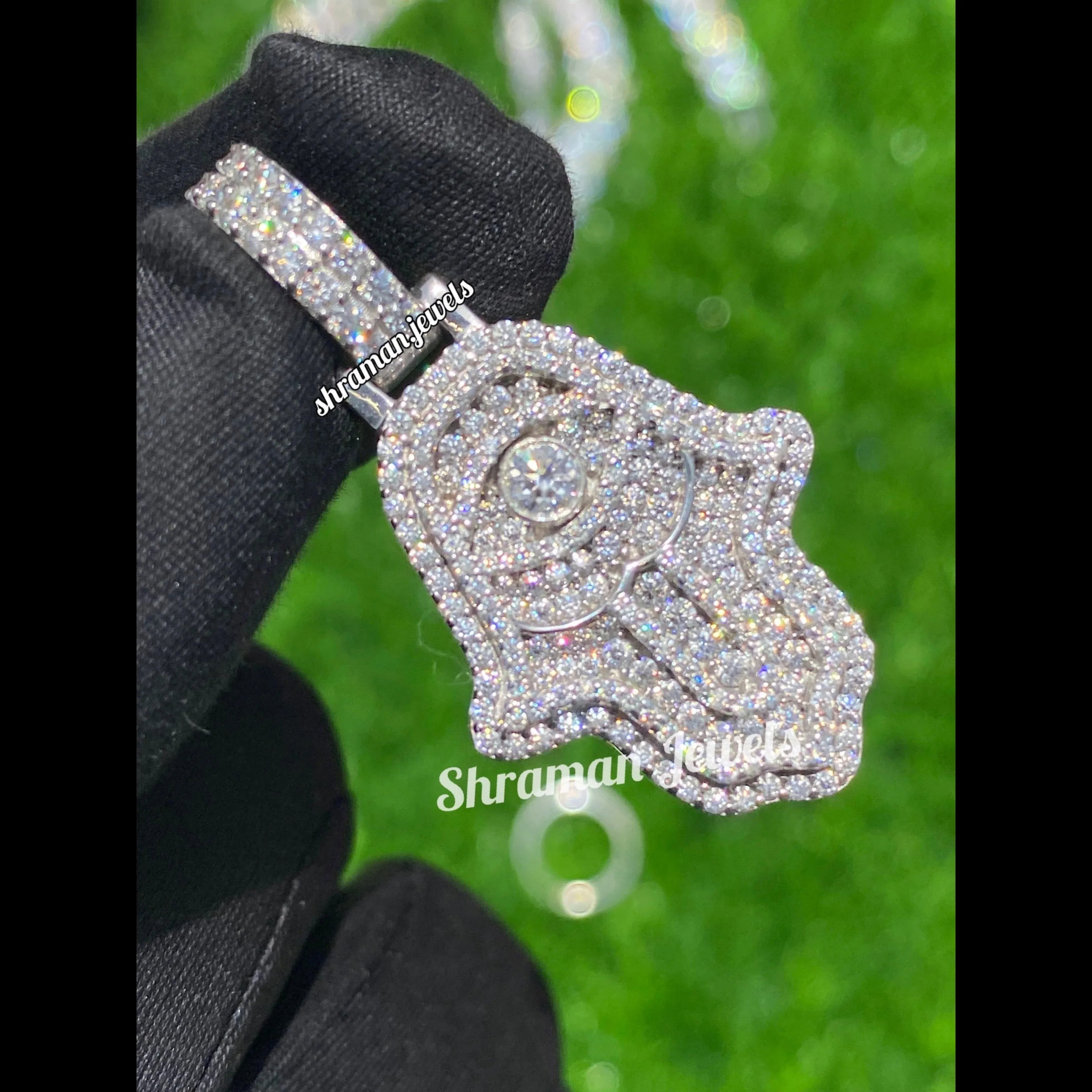 VVS Moissanite Hamsa Hand Pendant 14K solid Gold - 3.07 CTW