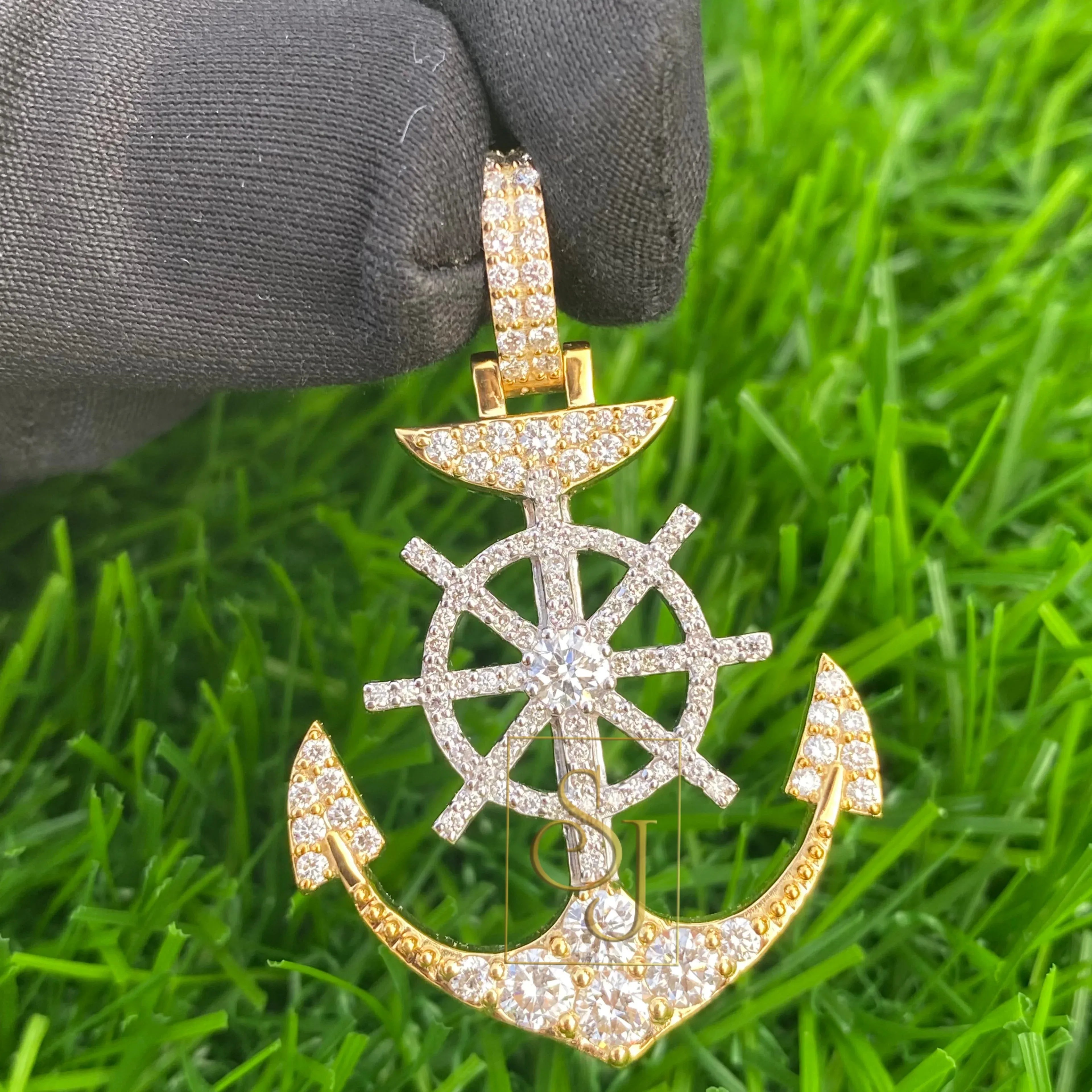 Men's 14K Gold Icy Anchor Pendant Moissanite - 1.9 CTW