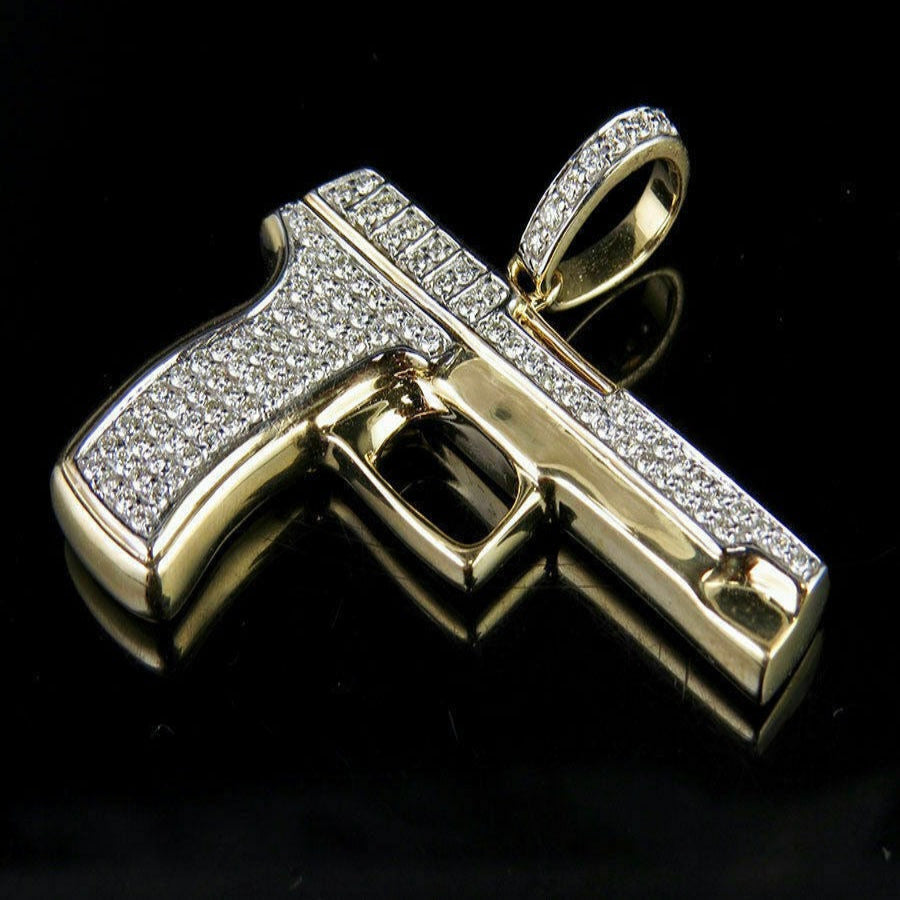 14K Solid Gold Mini Pistol Pendant Diamond -0.68 CTW