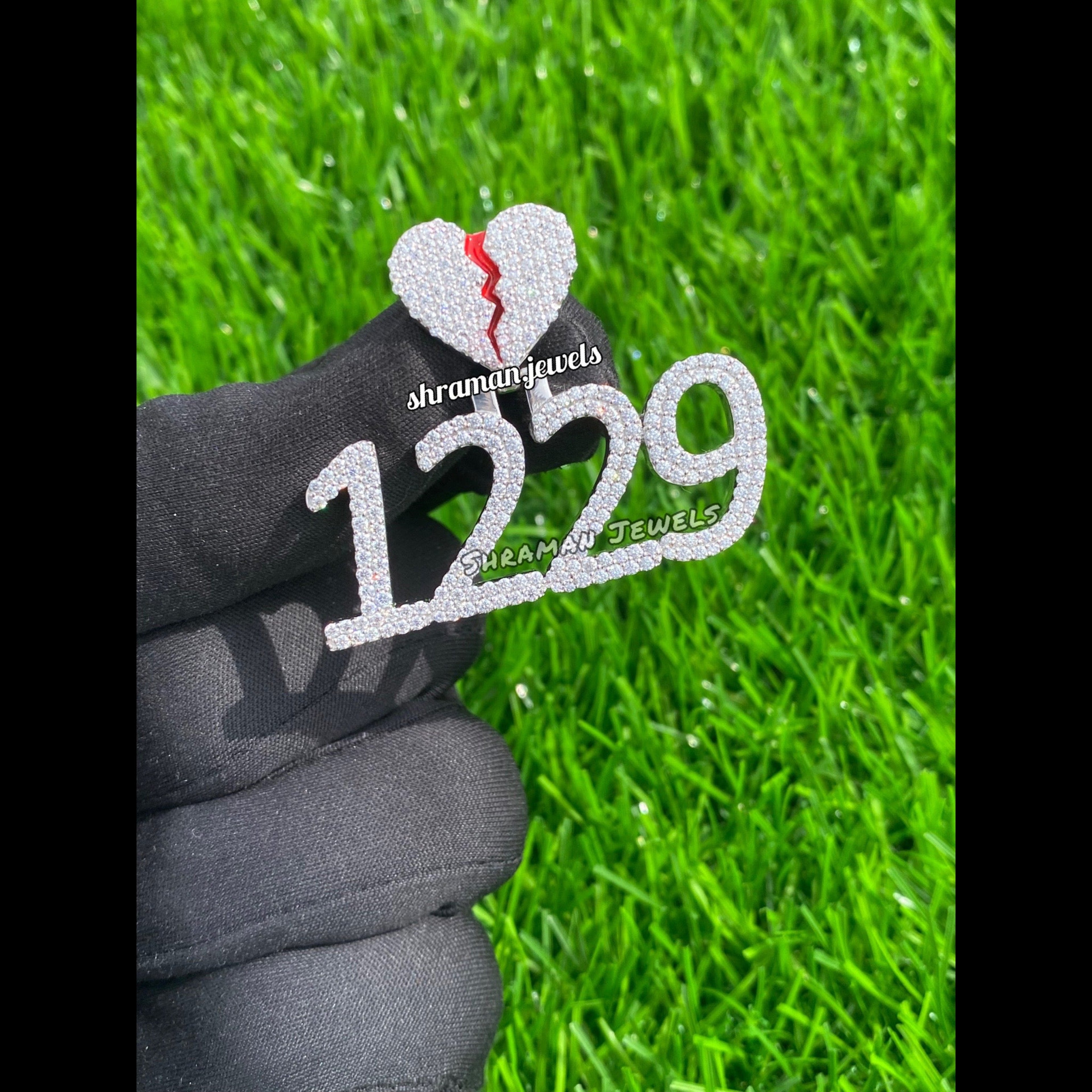 Custom Broken Heart with number Pendant 14K solid gold - 3.05 CTW