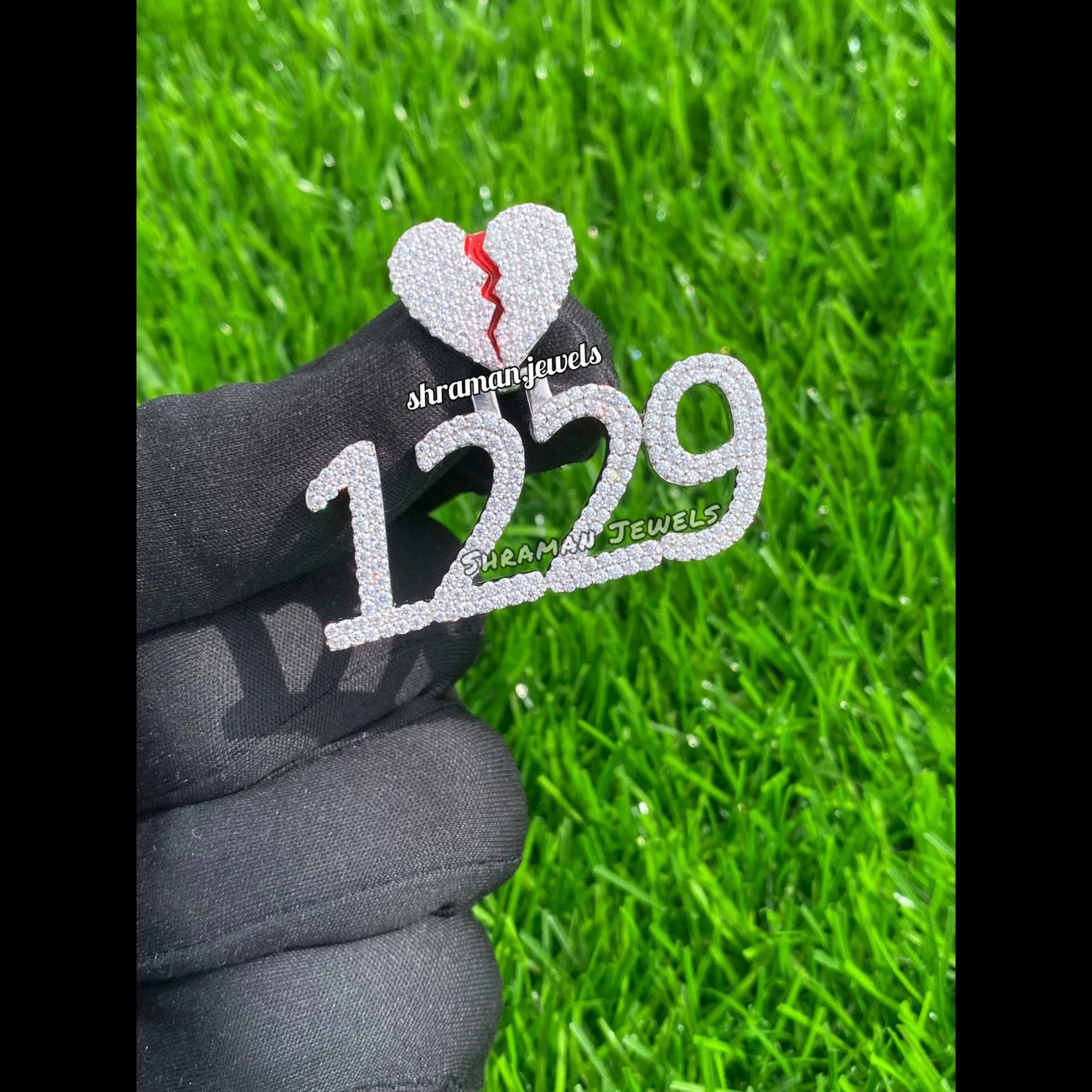 Custom Broken Heart with number Pendant 14K solid gold - 3.05 CTW