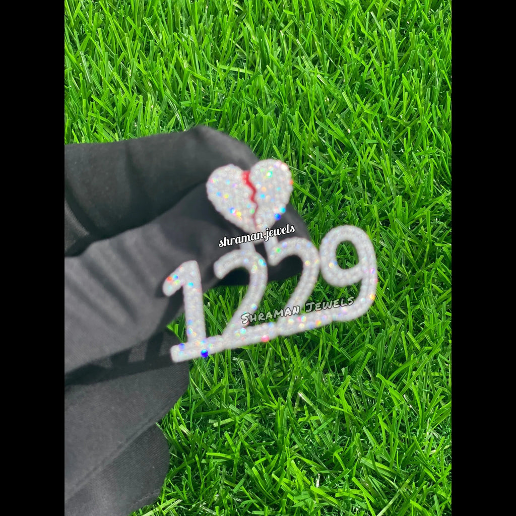 Custom Broken Heart with number Pendant 14K solid gold - 3.05 CTW