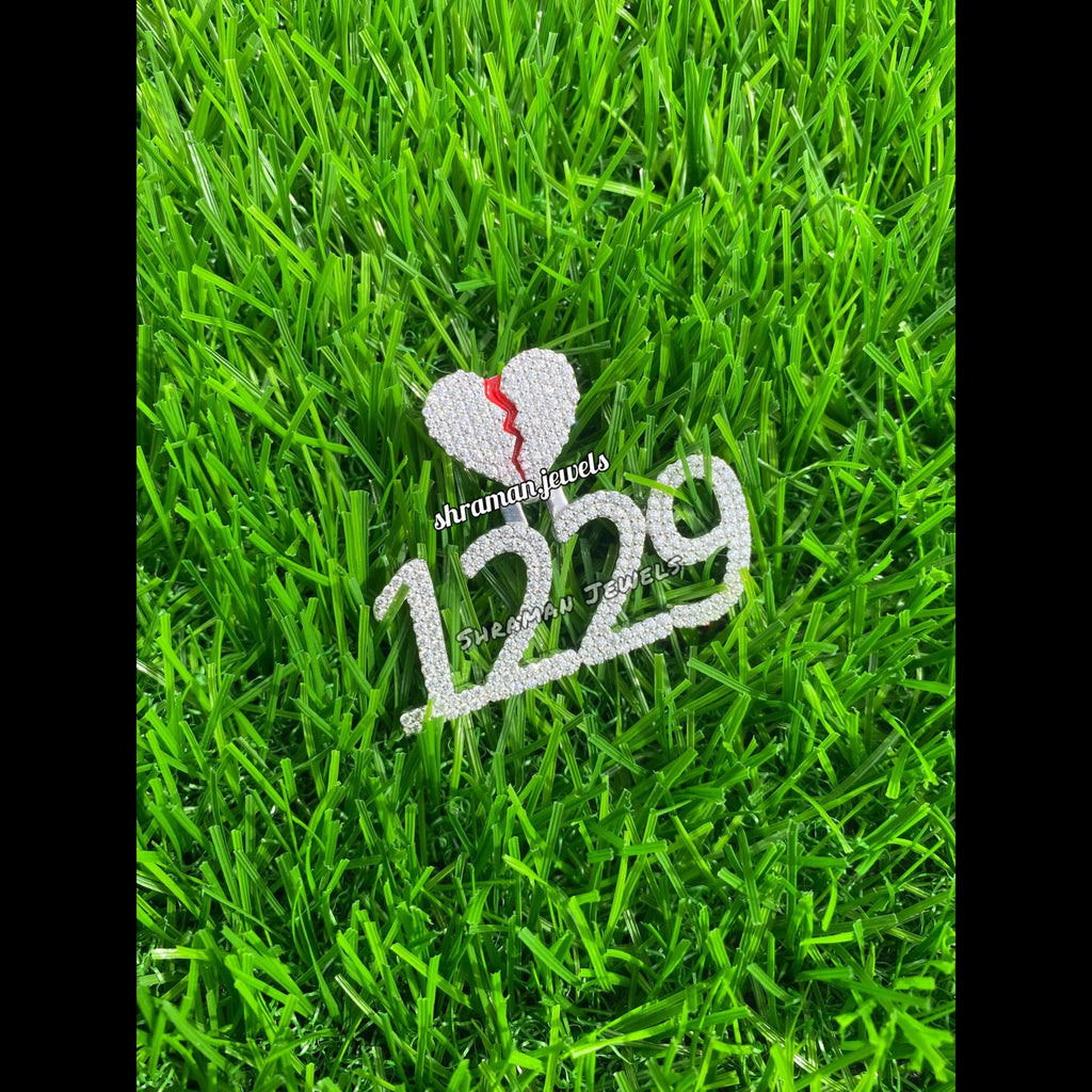 Custom Broken Heart with number Pendant 14K solid gold - 3.05 CTW