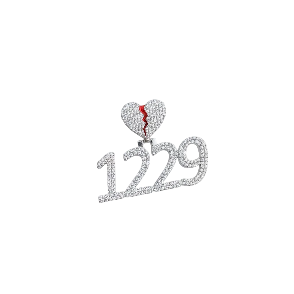 Custom Broken Heart with number Pendant 14K solid gold - 3.05 CTW