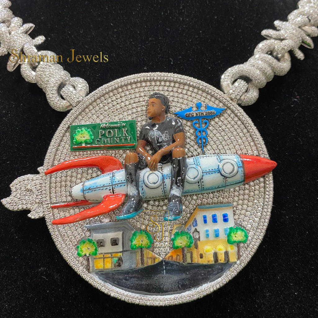 Men's Iced Out ROCKET MAN Hip Hop Round VVS Moissanite Pendant with Spiky Cuban Chain