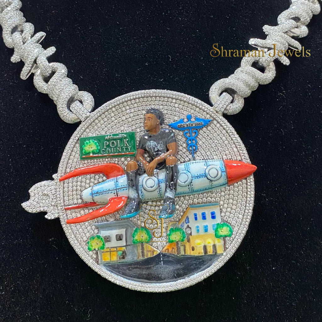 Men's Iced Out ROCKET MAN Hip Hop Round VVS Moissanite Pendant with Spiky Cuban Chain