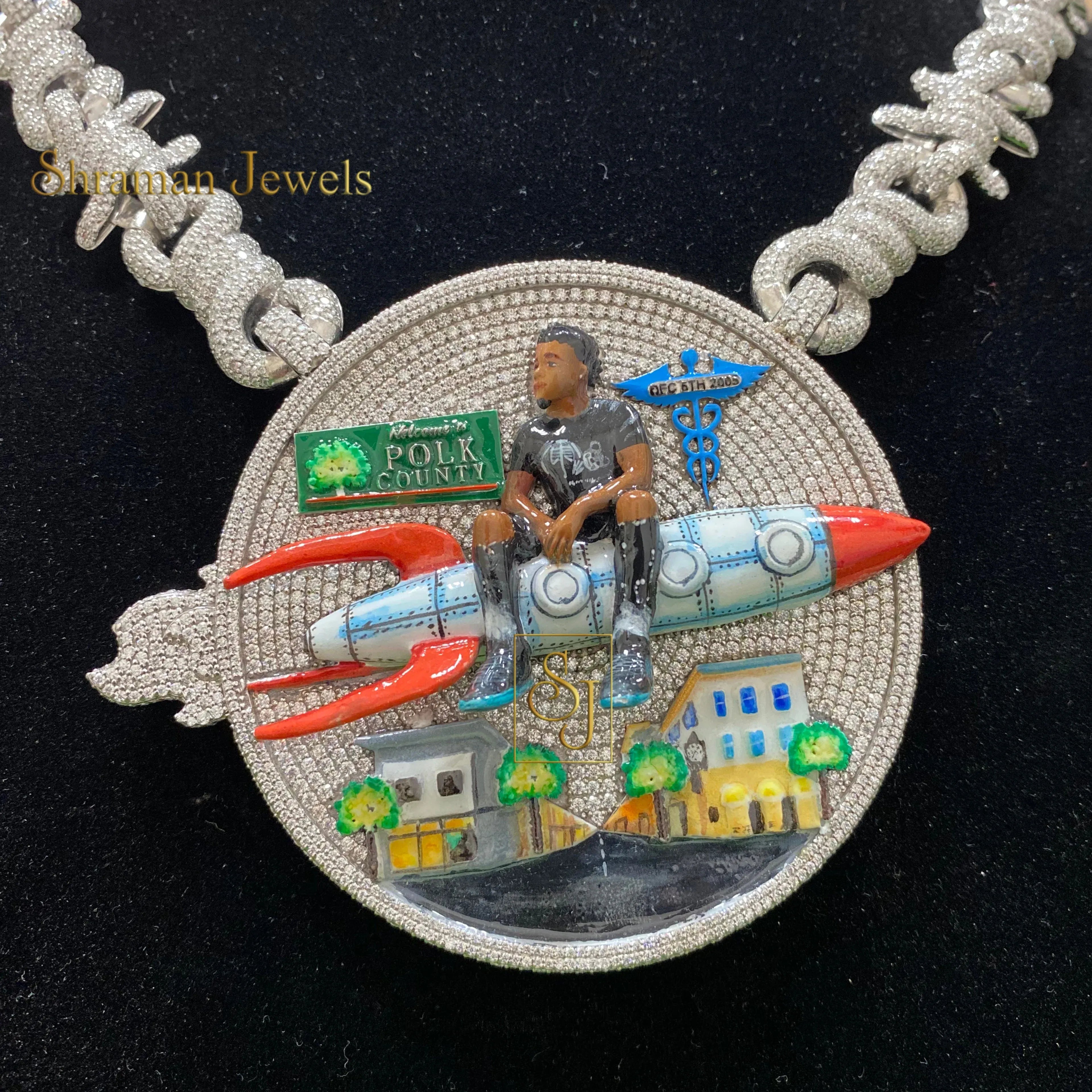 Men's Iced Out ROCKET MAN Hip Hop Round VVS Moissanite Pendant with Spiky Cuban Chain