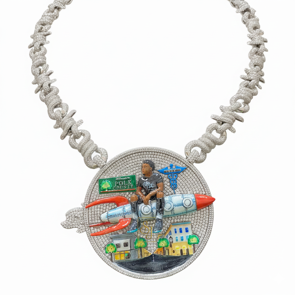 Men's Iced Out ROCKET MAN Hip Hop Round VVS Moissanite Pendant with Spiky Cuban Chain