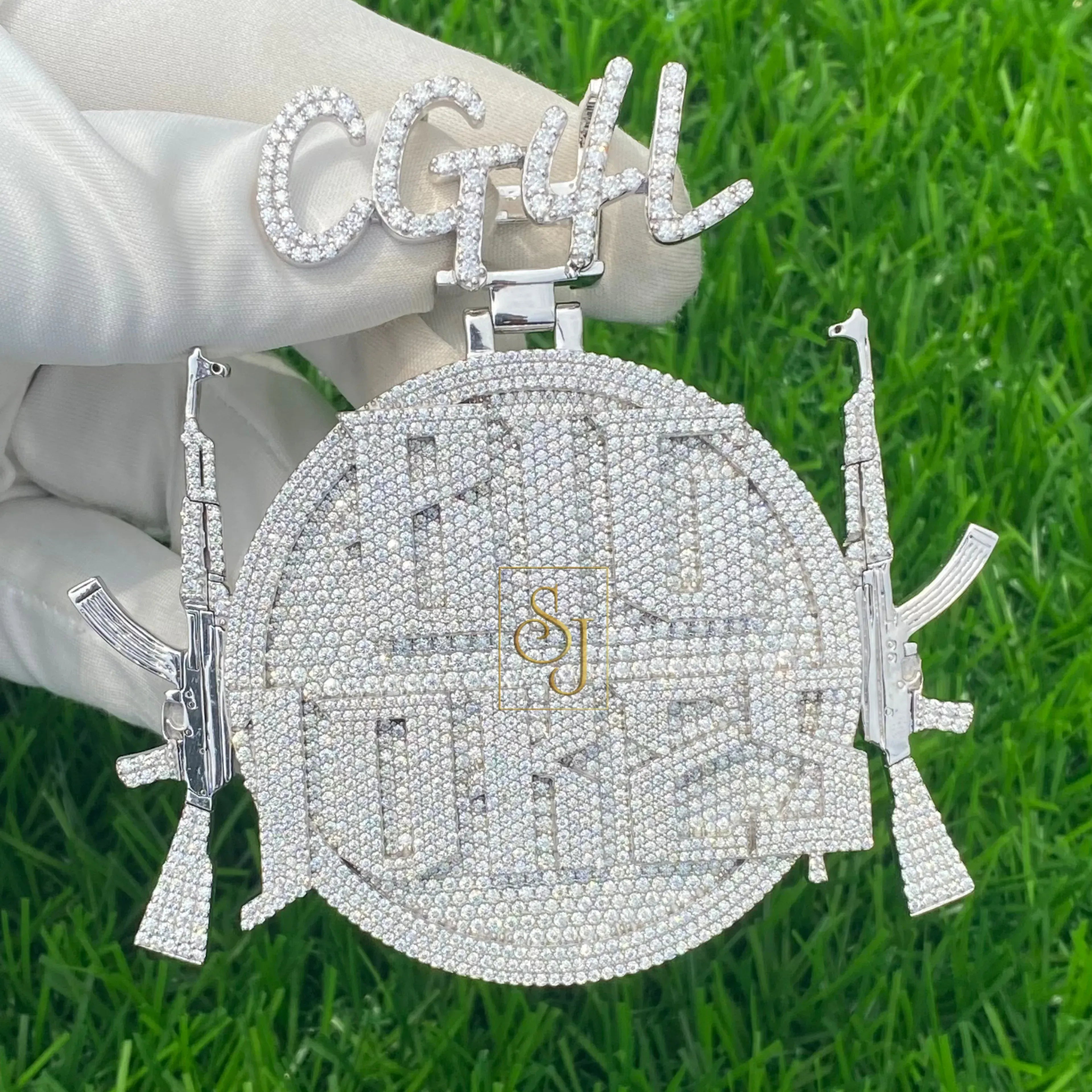 Custom round iced out 14K solid gold letter pendant -  15.61 CTW