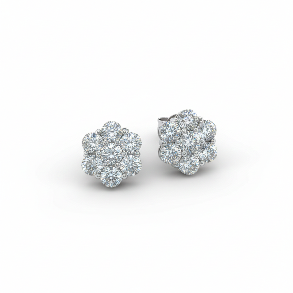 14K Gold Round Cluster Diamond Earrings - 0.90 CTW