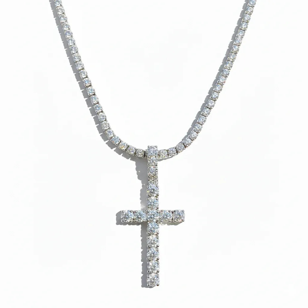 Men's Diamond Tennis Chain with VVS Cross Pendant Set 12.55 CTW