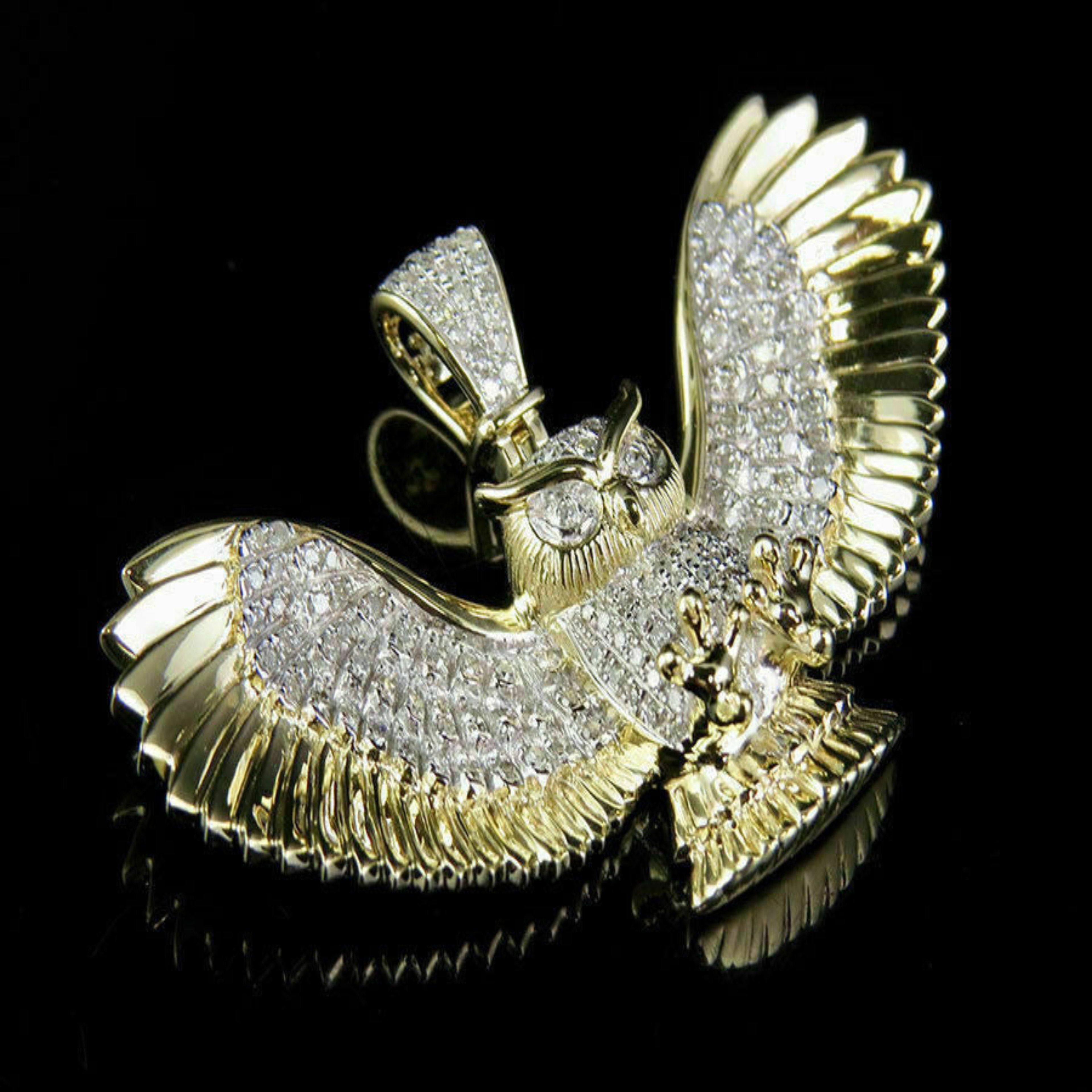 Owl Diamond Pendant 14k Solid Gold - 1.00 CTW