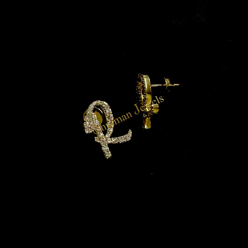 Iced out Letter R Diamond Cluster Earrings 14k solid gold - 0.85 CTW