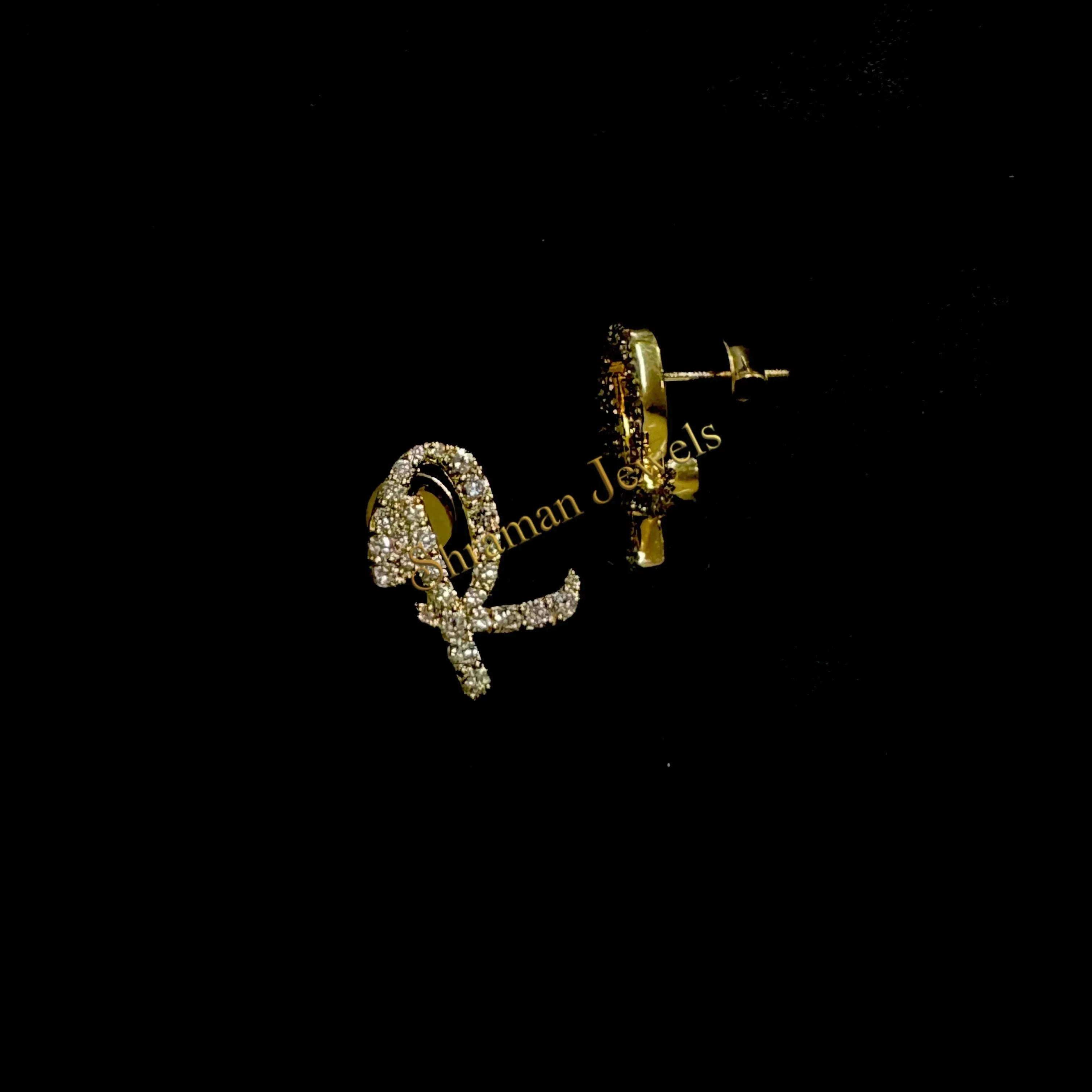 Iced out Letter R Diamond Cluster Earrings 14k solid gold - 0.85 CTW