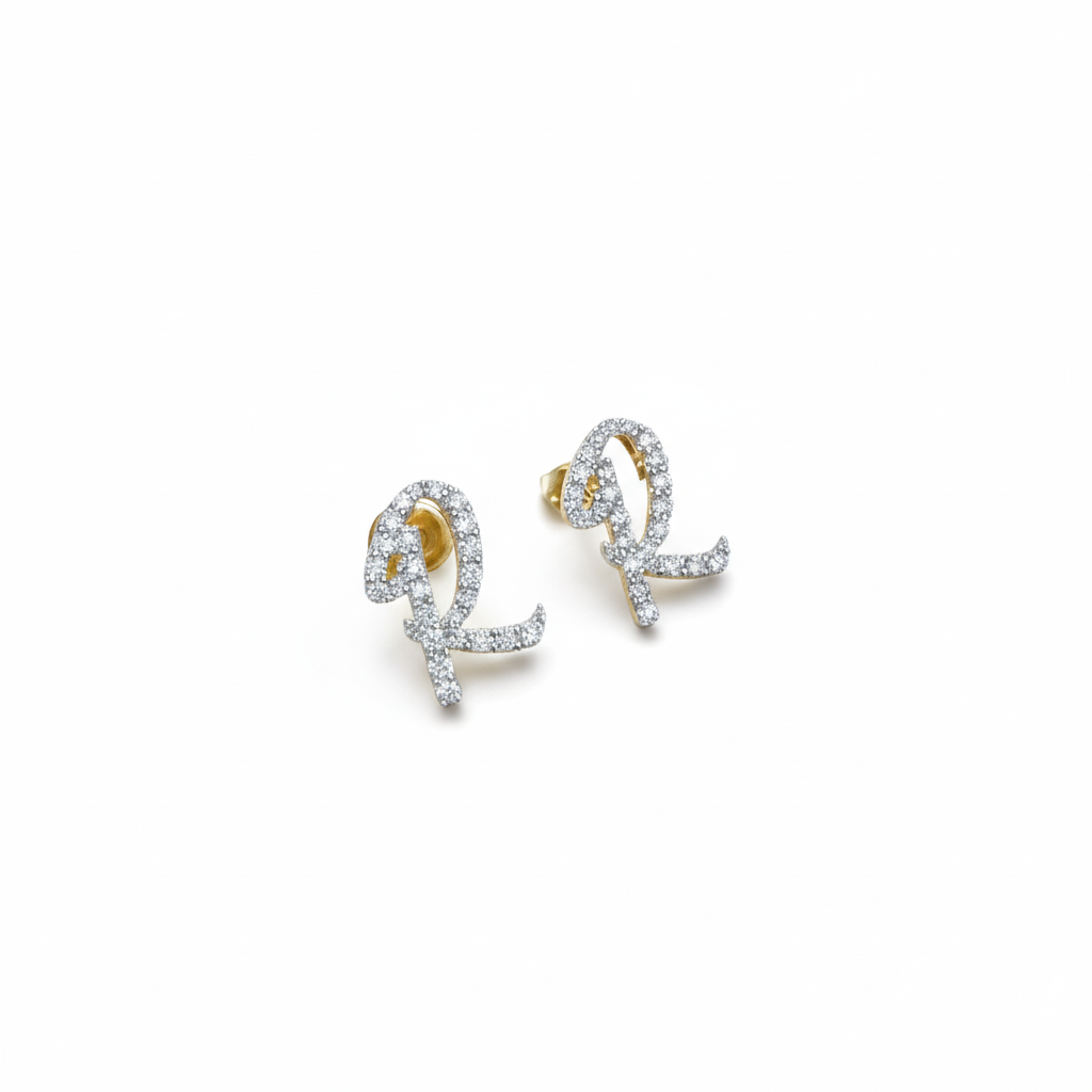 Iced out Letter R Diamond Cluster Earrings 14k solid gold - 0.85 CTW