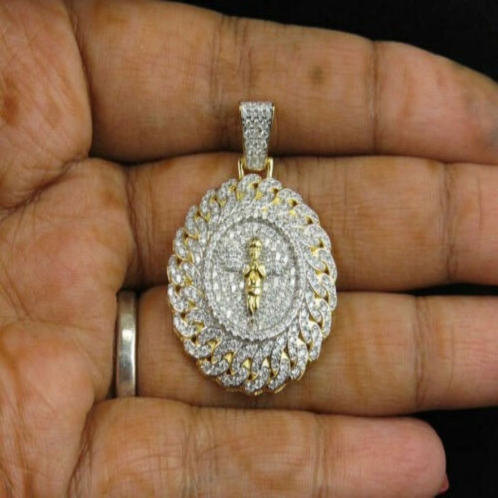 Angel Medallion Diamond Pendant 14K Solid Gold - 2.29 CTW