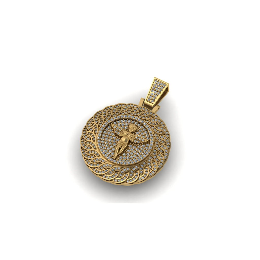 Angel Medallion Diamond Pendant 14K Solid Gold - 2.29 CTW