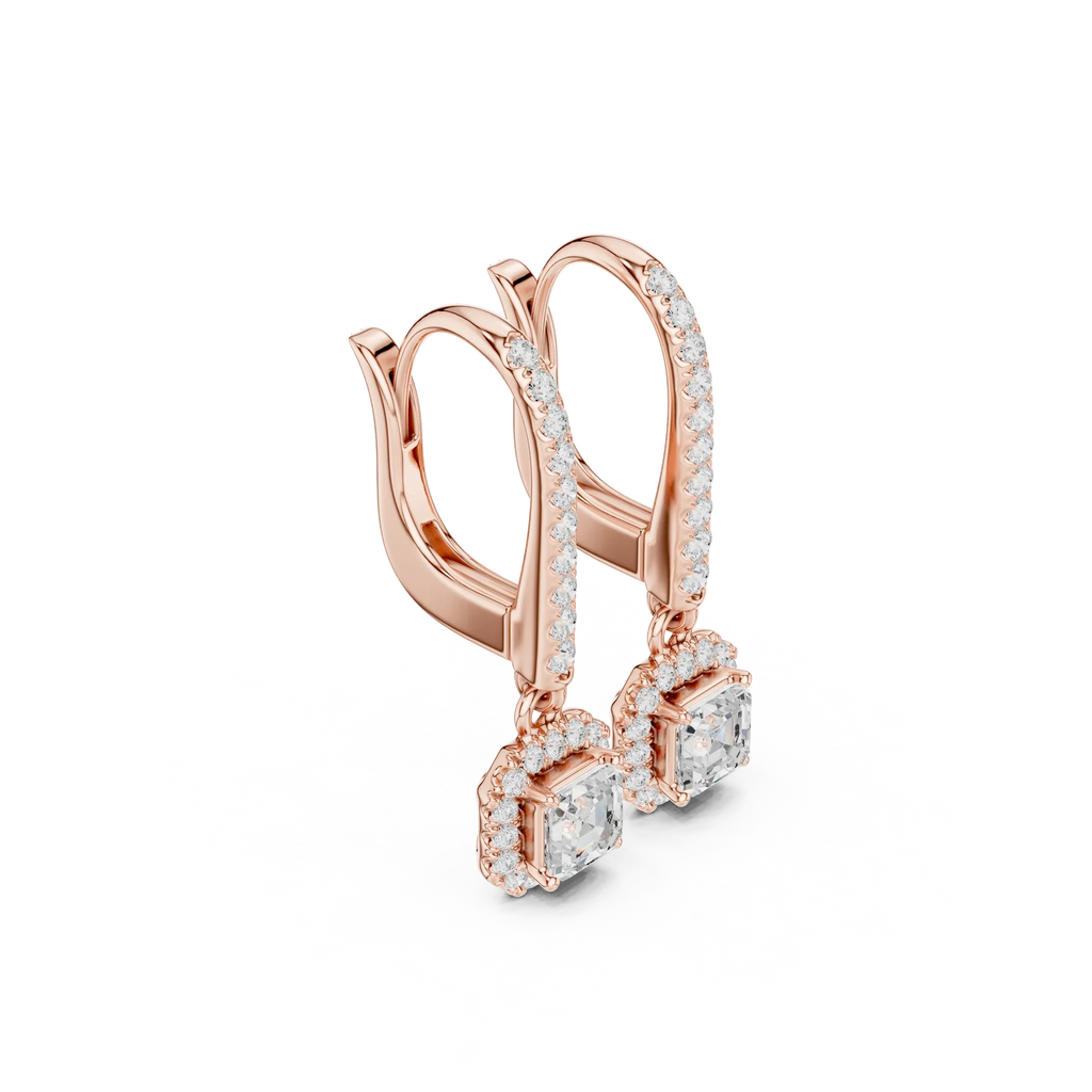 Asscher Cut VVS Diamond Gold Halo Drop Earrings
