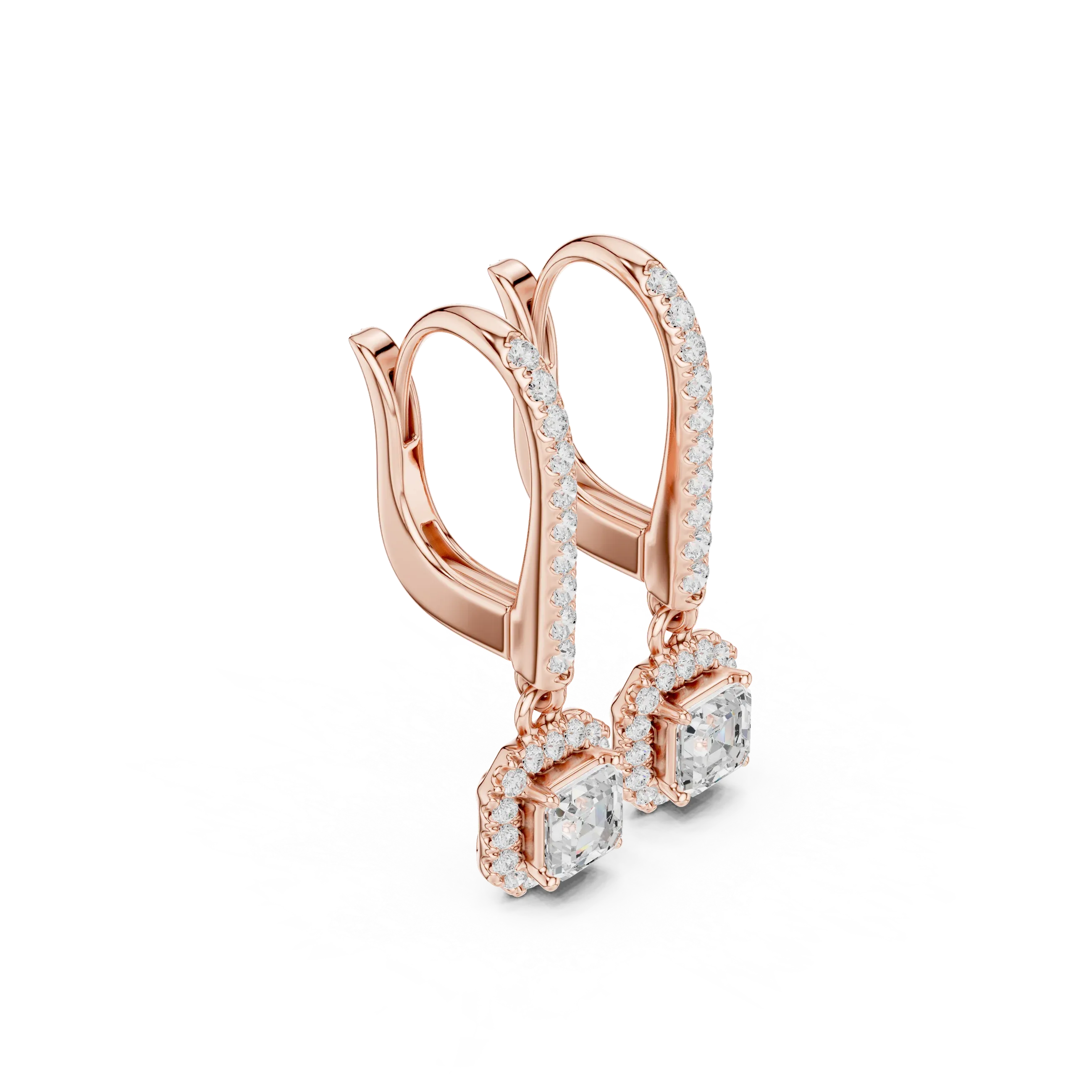 Asscher Cut VVS Diamond Gold Halo Drop Earrings