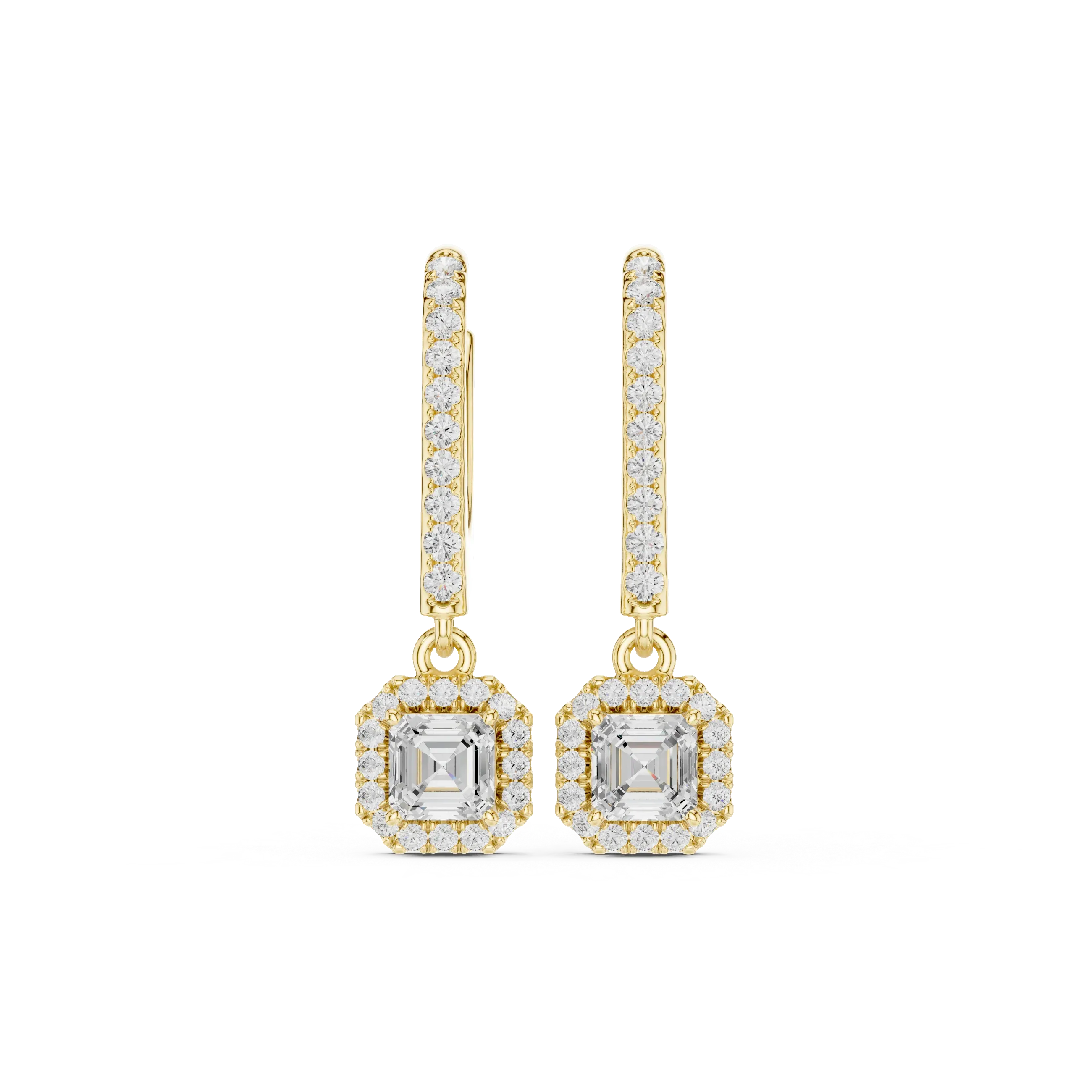 Asscher Cut VVS Diamond Gold Halo Drop Earrings