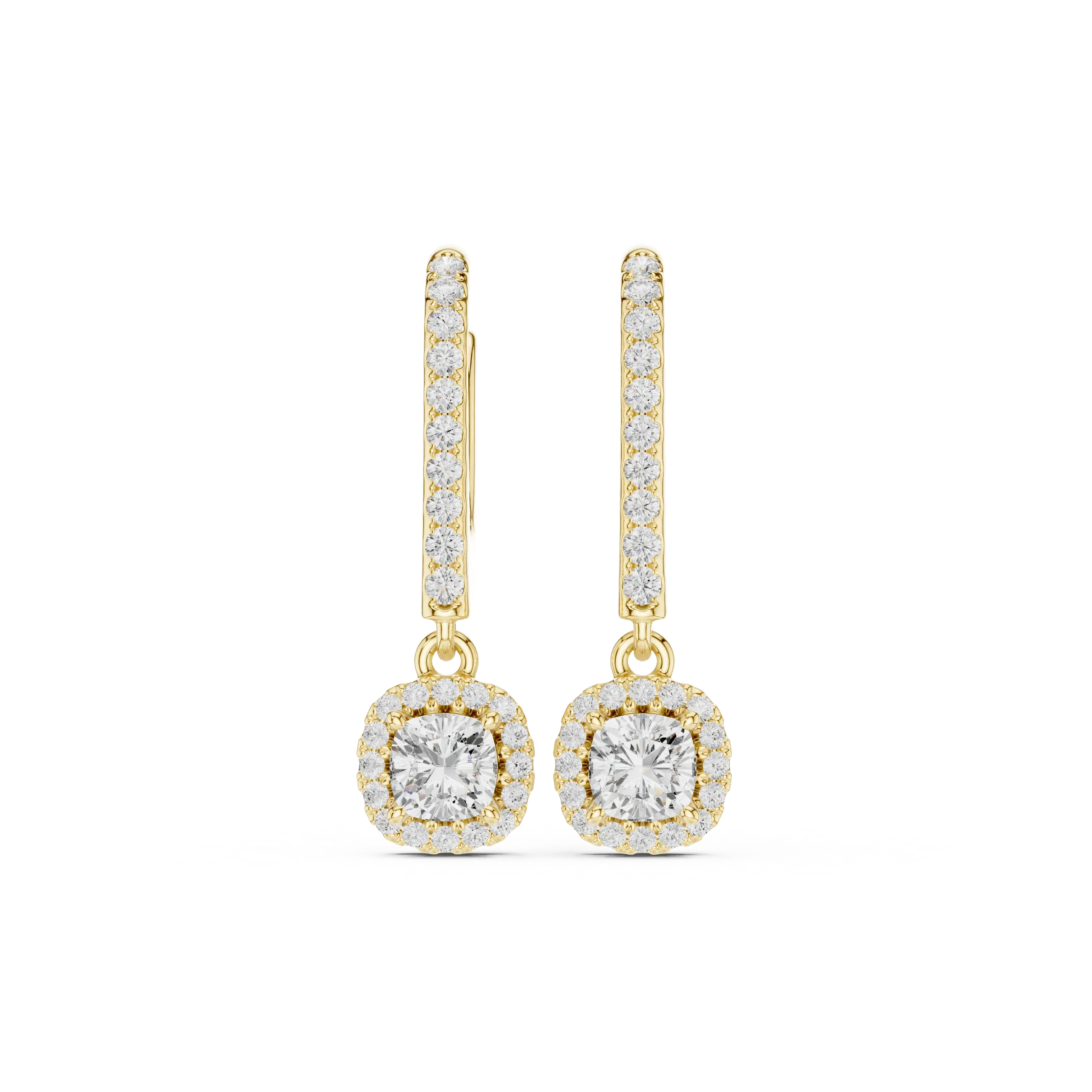 Cushion Cut VVS Diamond Gold Halo Drop Earrings