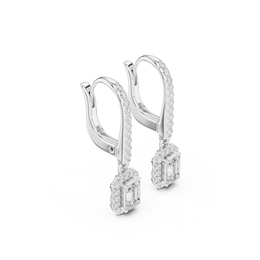 Emerald Cut VVS Diamond Gold Halo Drop Earrings
