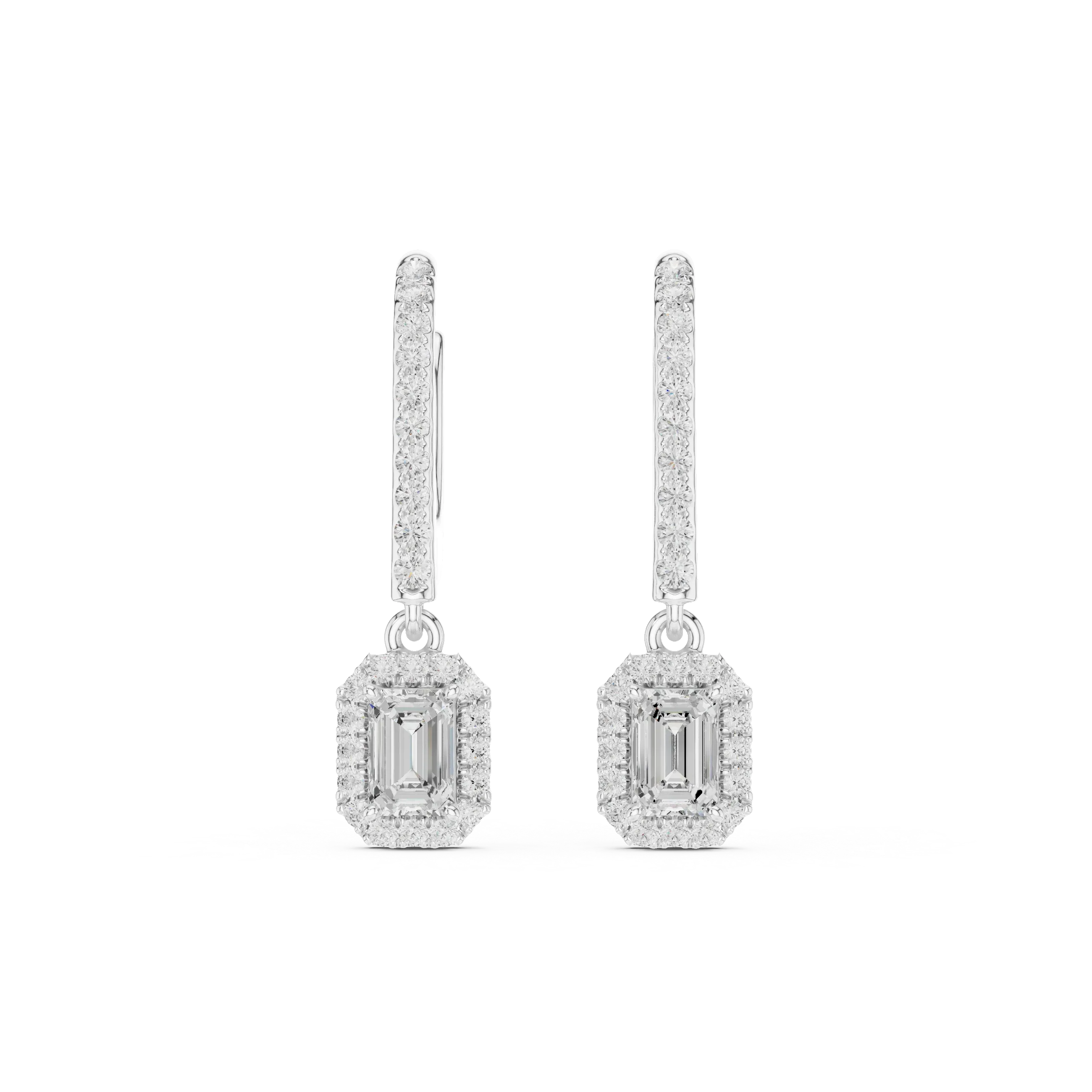 Emerald Cut VVS Diamond Gold Halo Drop Earrings